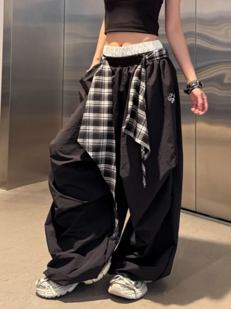 Cargo Pants Y2k American Style Oversized Vintage Street Dance Wide Leg Baggy Pants Plaid Splicing Loose Draped Casual Trousers
