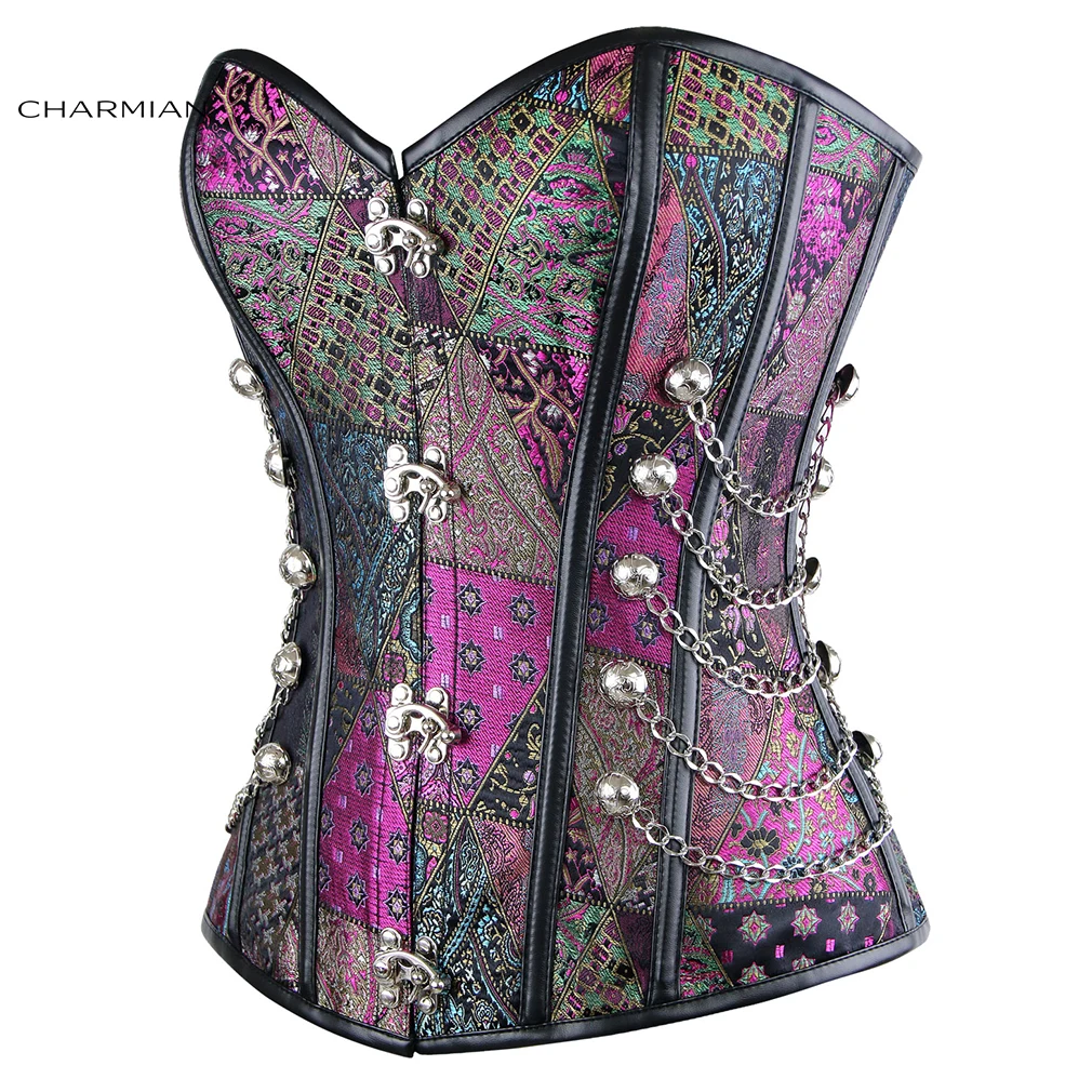 Corsetti gotici Steampunk Charmian Plus Size Corsetto overbust in broccato disossato in acciaio medievale con catene Costume di Halloween