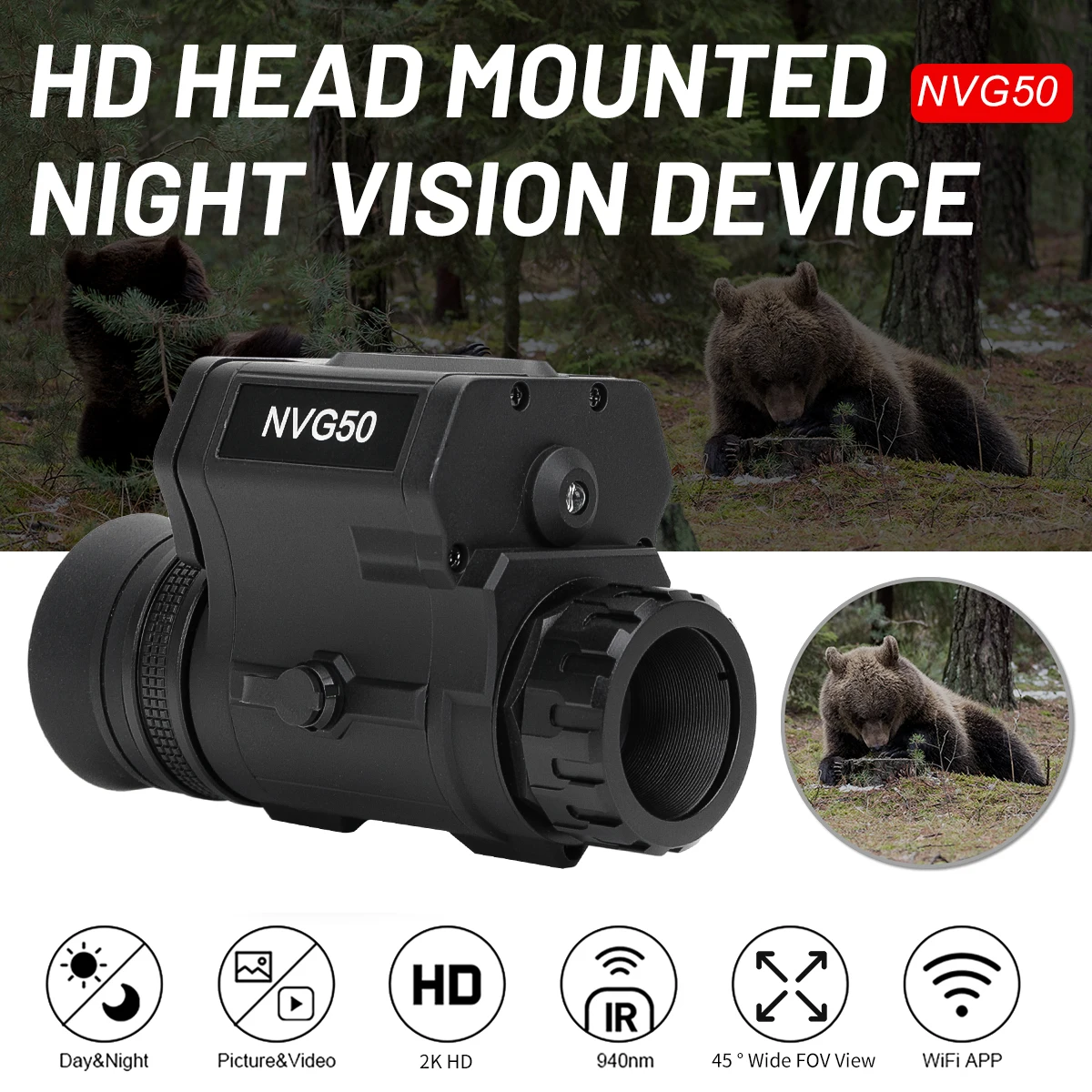 NVG50 Digital Night Vision Scope Helmet Mount 940nm IR 2.5K HD 1-4X Wide View 45° Monocular Telescope Support WiFi APP