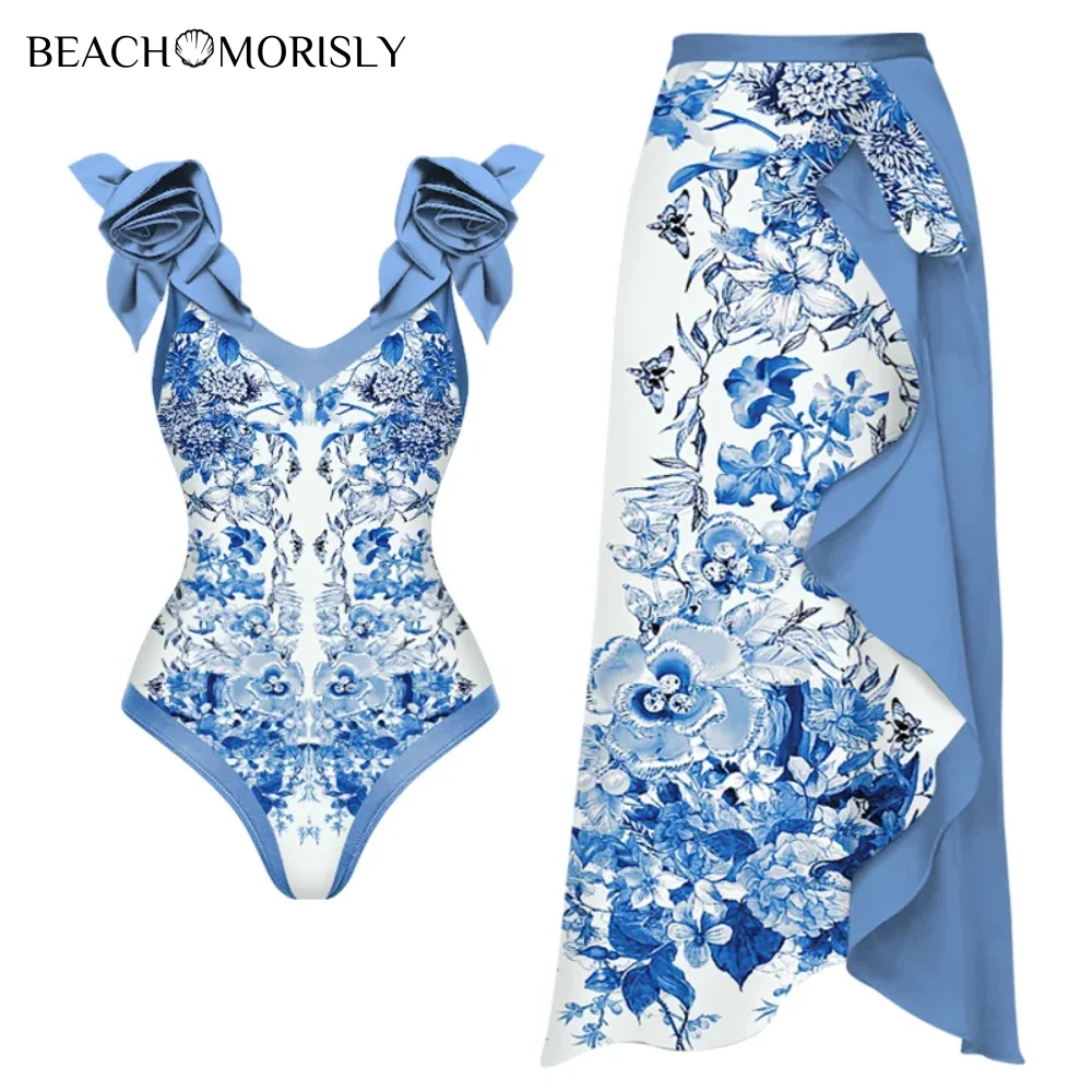 

2024 New 3D Flower Maiolica Print One Piece Swimsuit and Sarong Vacation Swimwear Women Beachwear Bathing Suit