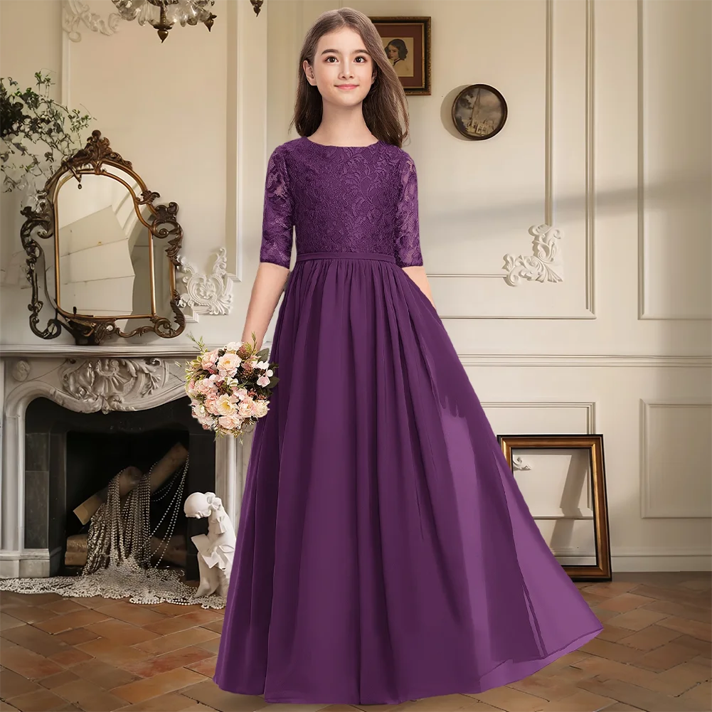 

Lace Chiffon A-Line Scoop Junior Bridesmaid Dress Floor-Length Half Sleeve Flower Girl Dress Girls Formal Wedding Party Special