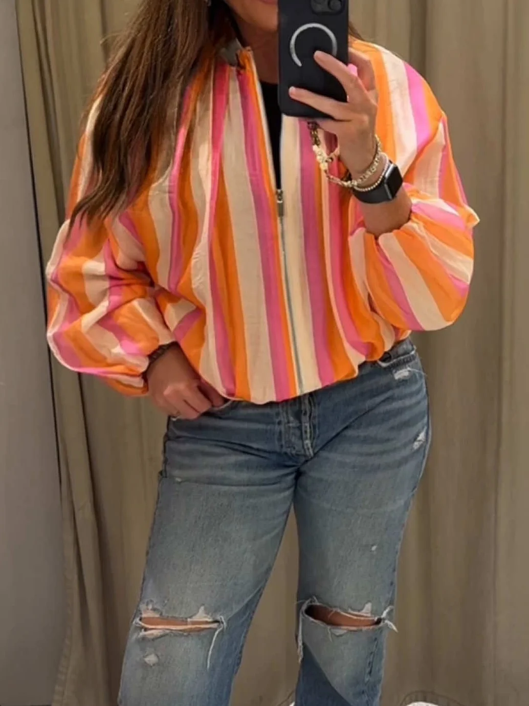 Women Summer Thin Striped Zipper Coat Stand Collar Drop Shoulder Loose Jacket Casual Fashion Sun Protection Outerwear 2026