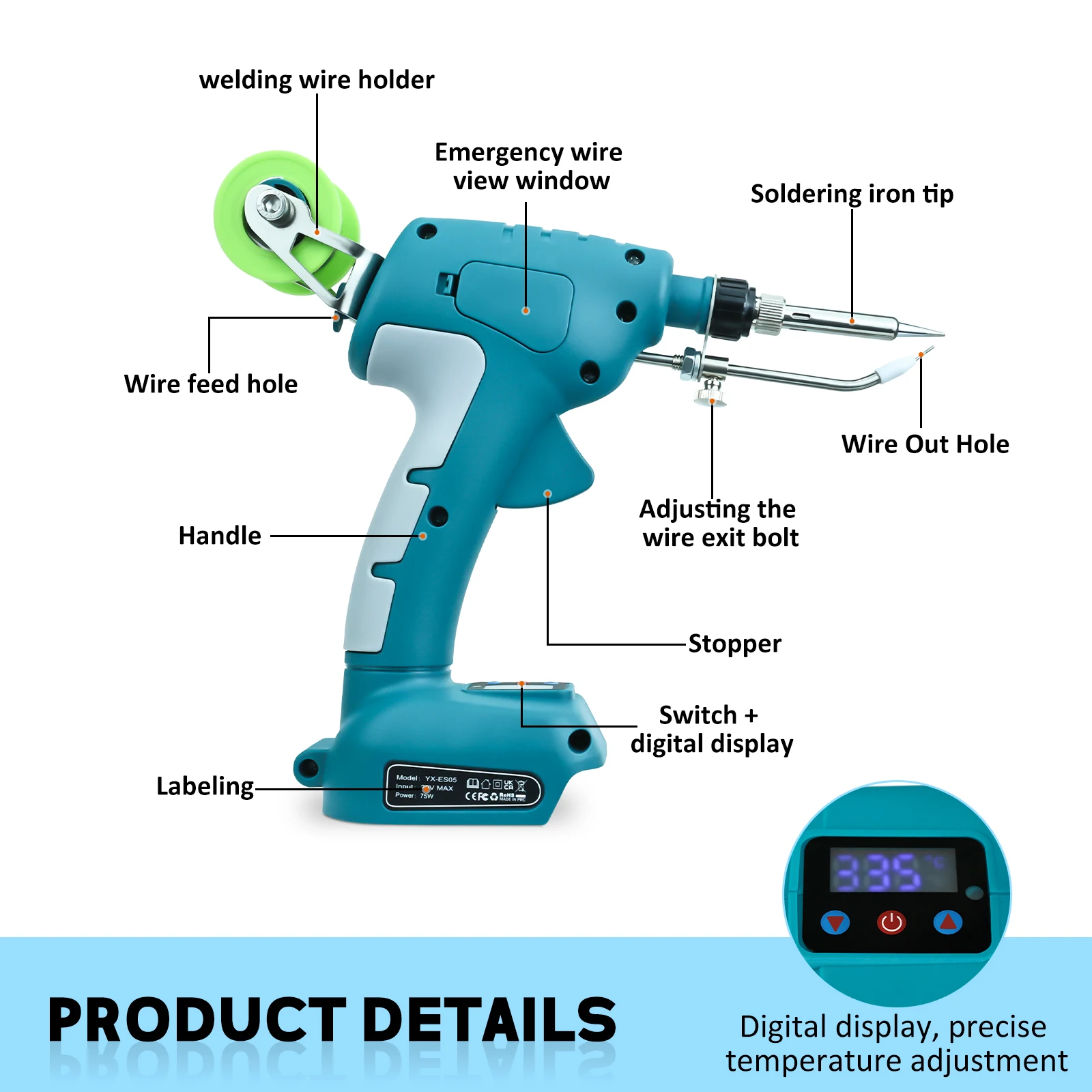 Imagem -02 - Kit de Ferro de Solda sem Fio para Makita Led Digital Solda Gun Dewalt Milwaukee Bosch 1820v 75w sem Bateria