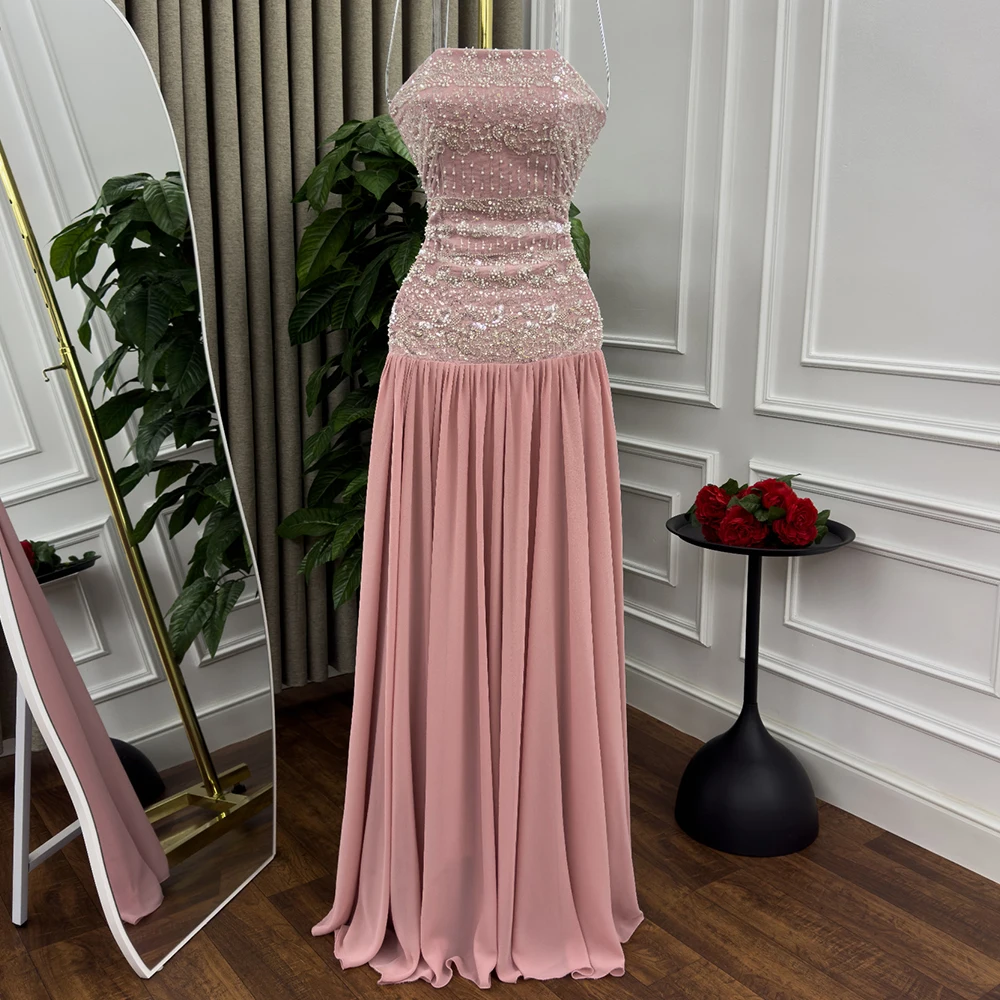 

Sparkly Strapless Classic Pink Chiffon Evening Dress Customized A-Line Party Dresses Exquisite Small Bead Bespoke Occasion Gowns