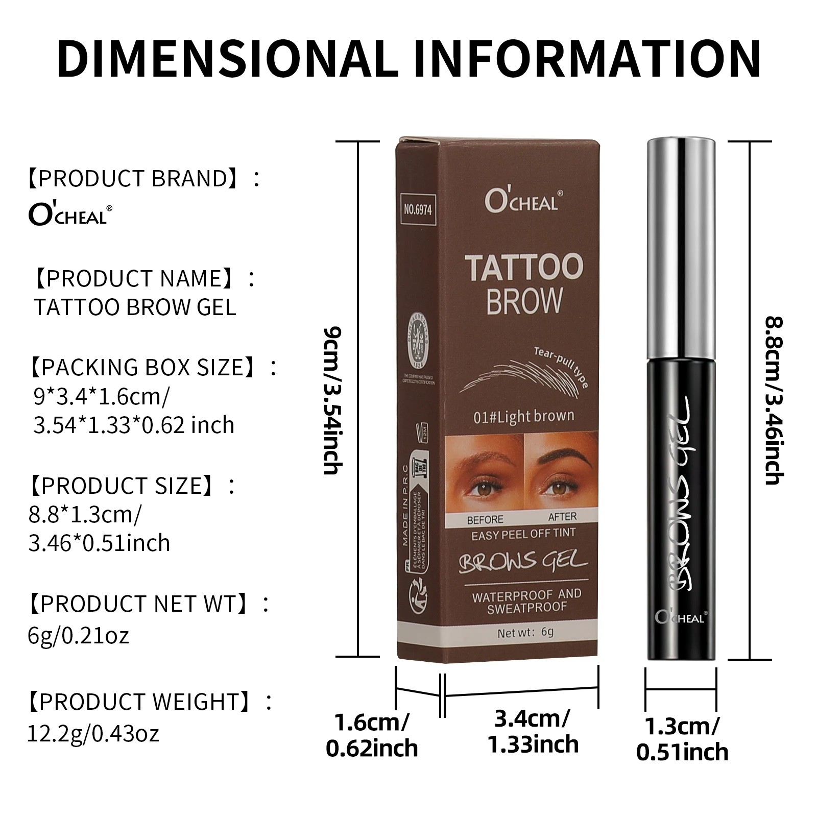 Ocheal Easy Peel Off Eyebrow Gel Tattoo Tint Semi-Permanent Eyebrow Gel Waterproof Long-Lasting Black Brown 3D Mascara Serums