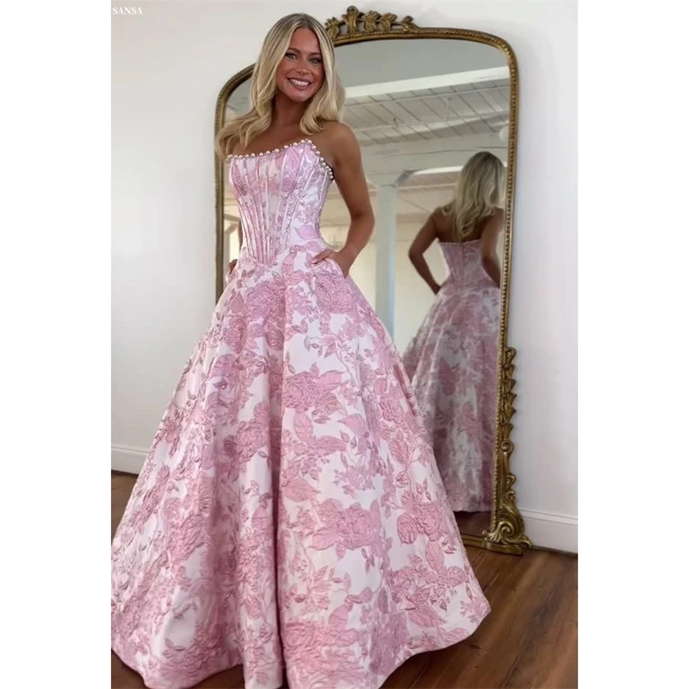 

Sansa Customized Pink A-line Pearls Strapless Prom Dresses Sleeveless Sweet Vestidos De Noche Floor-Length Formal Evening 2026