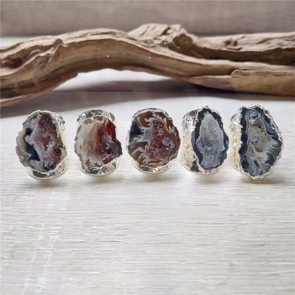 FUWO 5 Pieces/Lot Silver-Plated Natural Geode Ring,Amazing Design Onyx Druzy Stone Adjustable Rings Jewelry Wholesale  RG028