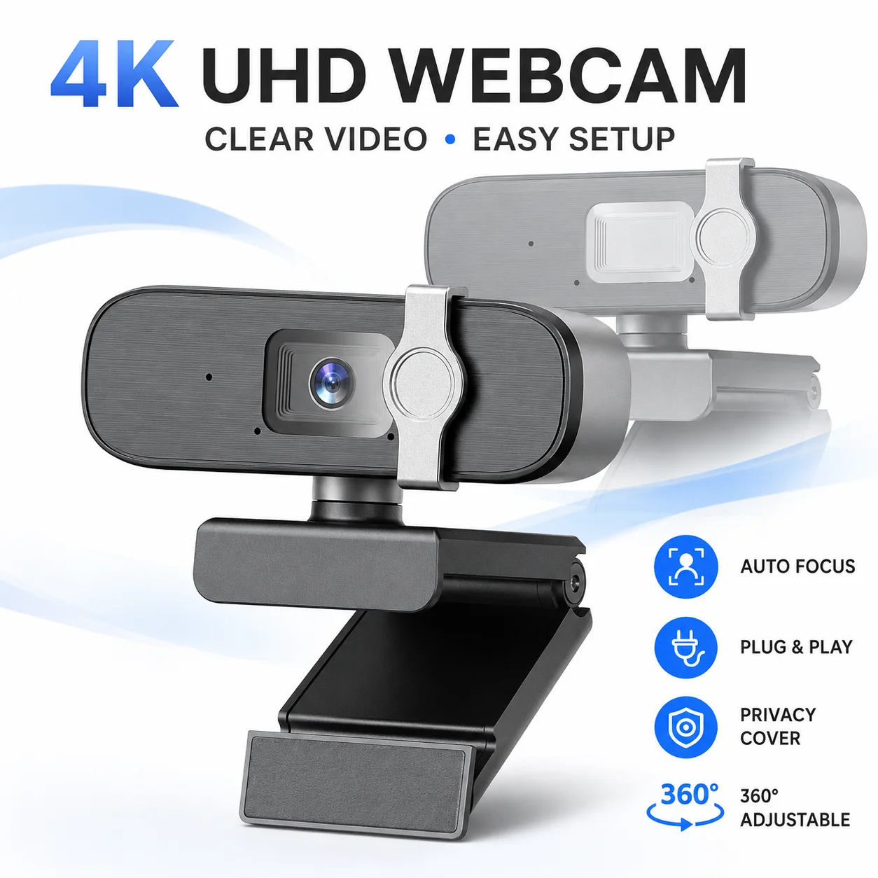 4K UHD Webcam Auto Focus Privacy Cover USB Plug and Play Computer Camera 360° Adjustable Web Camera for Laptop Desktop Calls