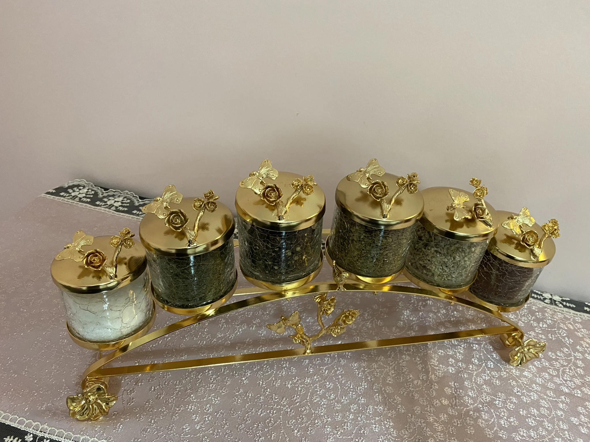 Kitchen Spice Jars Gold Luxury Set of 6 Sauce Presentation Storage Bar Accessories Metal And Glass Design With Mini Lid Broken Appearance Plain Zigzag Pattern Original Durable Stainless Brass Handmade