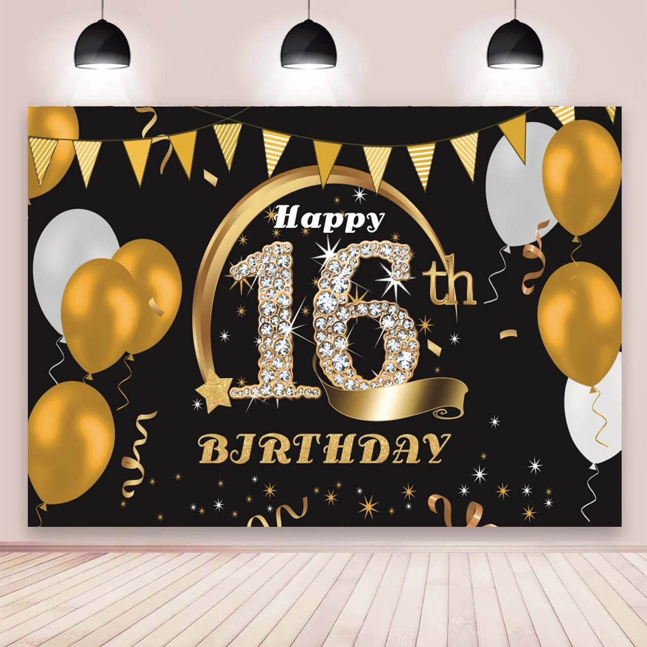 Black Gold 16th Backdrop Balloons Boys Girls 16 Years Old Birthday Party Customized Photo Background Cake Table Decor Banner