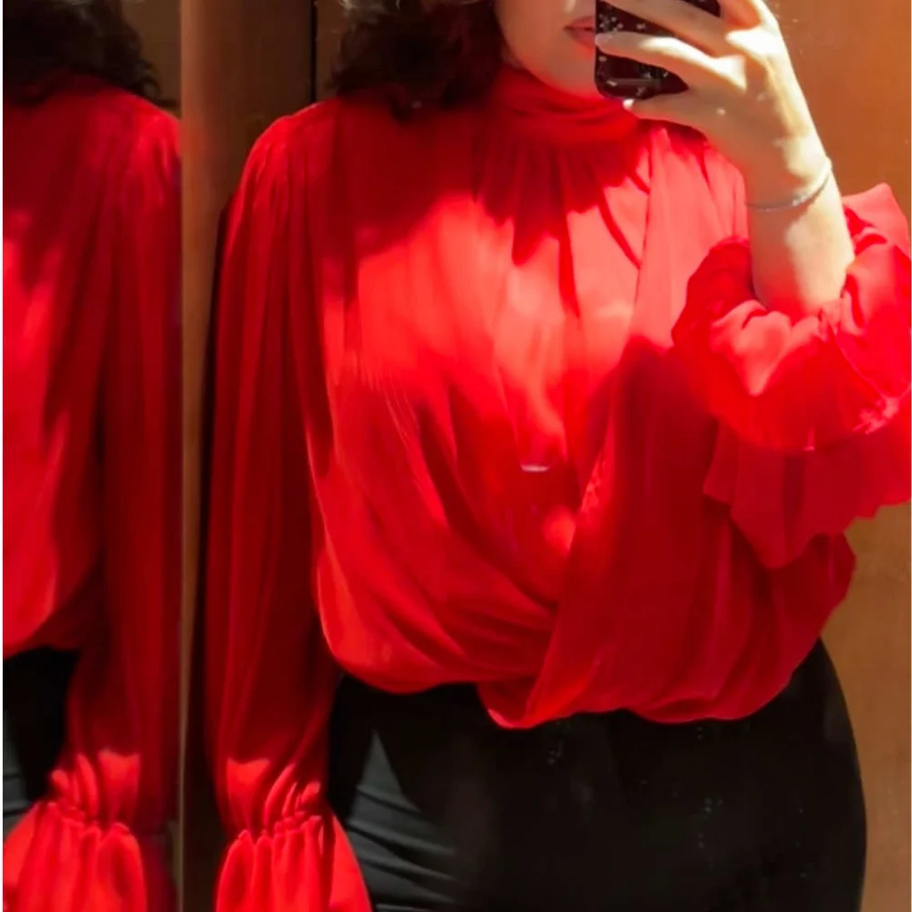 Womens Vintage Chiffon Shirt Cross Draped Wrap Front High Neck Long Sleeve Blouse Elegant Black Red Slim Fit Office Wear Tops