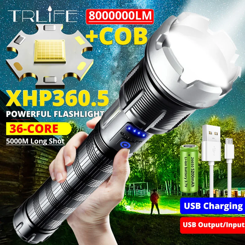 8000000LM XHP360+COB Powerful LED Flashlight Aluminum Torch With USB Charging Waterproo 5000M Long-range Camping Zoom Lanterns