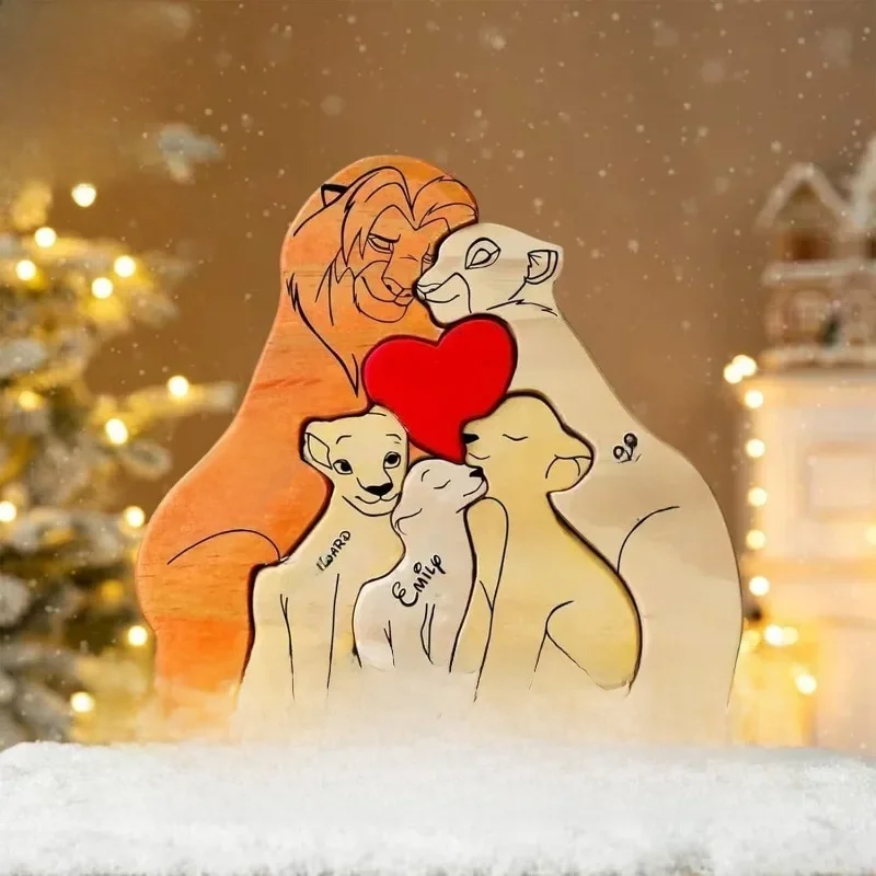 Gepersonaliseerde kunst familie puzzel gratis aangepaste naam houten leeuw puzzel Home Decor cadeaus voor familie warme geschenken jubileum aandenken - afbeelding 2