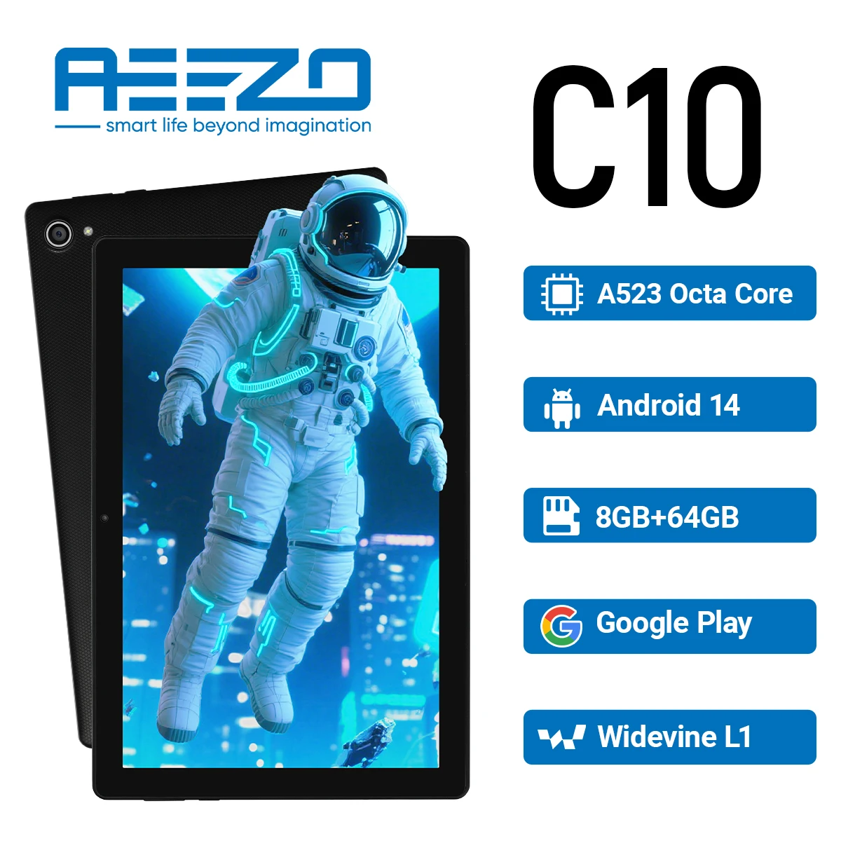 

AEEZO Android 14 10-дюймовый восьмиядерный планшет с 8 ГБ ОЗУ + 64 ГБ ПЗУ (расширенная до 1 ТБ) с Bluetooth5.3 WiFi 6 Камера 5 МП + 8 МП Быстрая зарядка