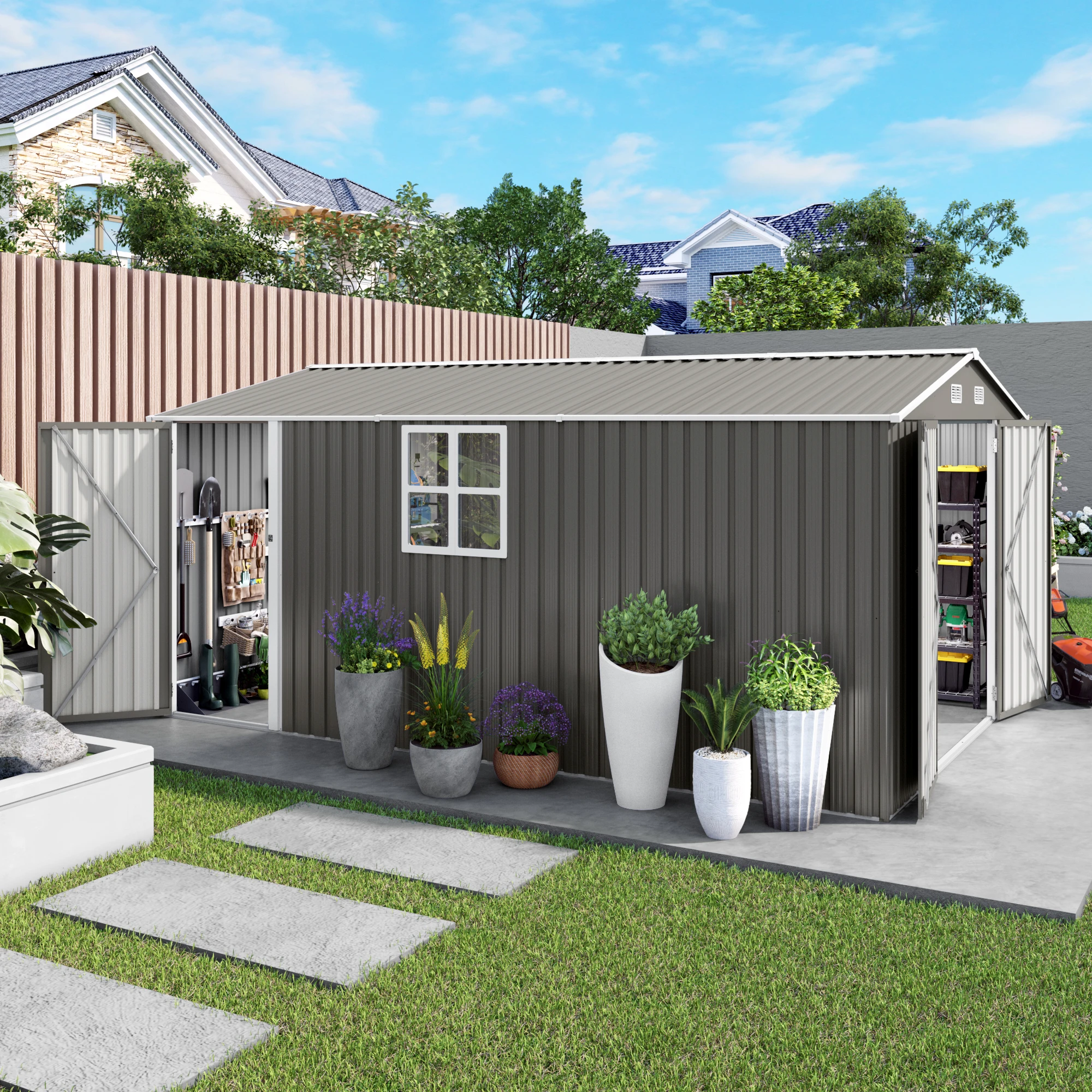 

10x14ft Outdoor Metal Storage Shed, Durable Garden Shed with 3 Lockable Doors & Window, All-Weather, Grey