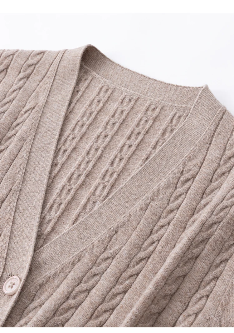 MZ62011 Damen Elegante V-Ausschnitt Zopfmuster Langarm-Strickjacke mit Knöpfen, Locker Geschnitten, Einfarbig, Modal-Mischung, Frühherbst-Pullover – Detail 8