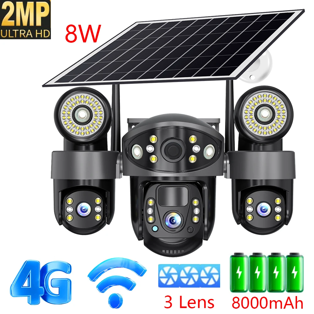 

2MP HD 3 Lens 4G Solar Camera Security Wifi IP Camera PIR Human Detection LEDs Light Night Vision V380 PRO Wide Angle PTZ