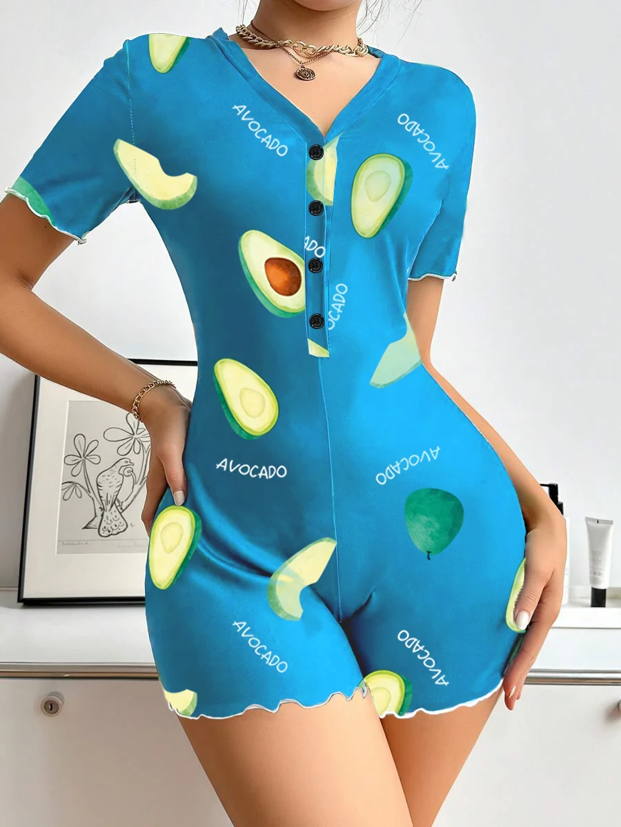 

Женский пижамный комплект с авокадо и буквенным принтом, цельный комбинезон с короткими рукавами, одежда для сна с короткими рукавами и брюки, пижамный комплект