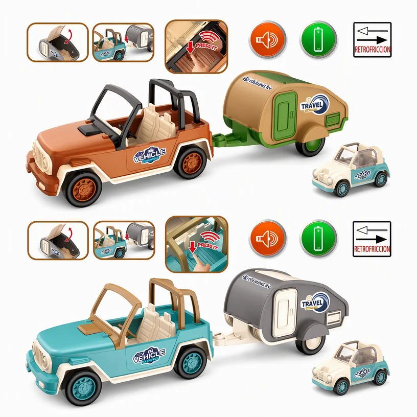 All-Terrain Auto met Reiscaravan - Wrijvingsvoertuig met Licht en Geluid, Creatieve Campingset voor Kinderen, Avontuurlijke Miniatuur (Koop Meer en Bespaar)