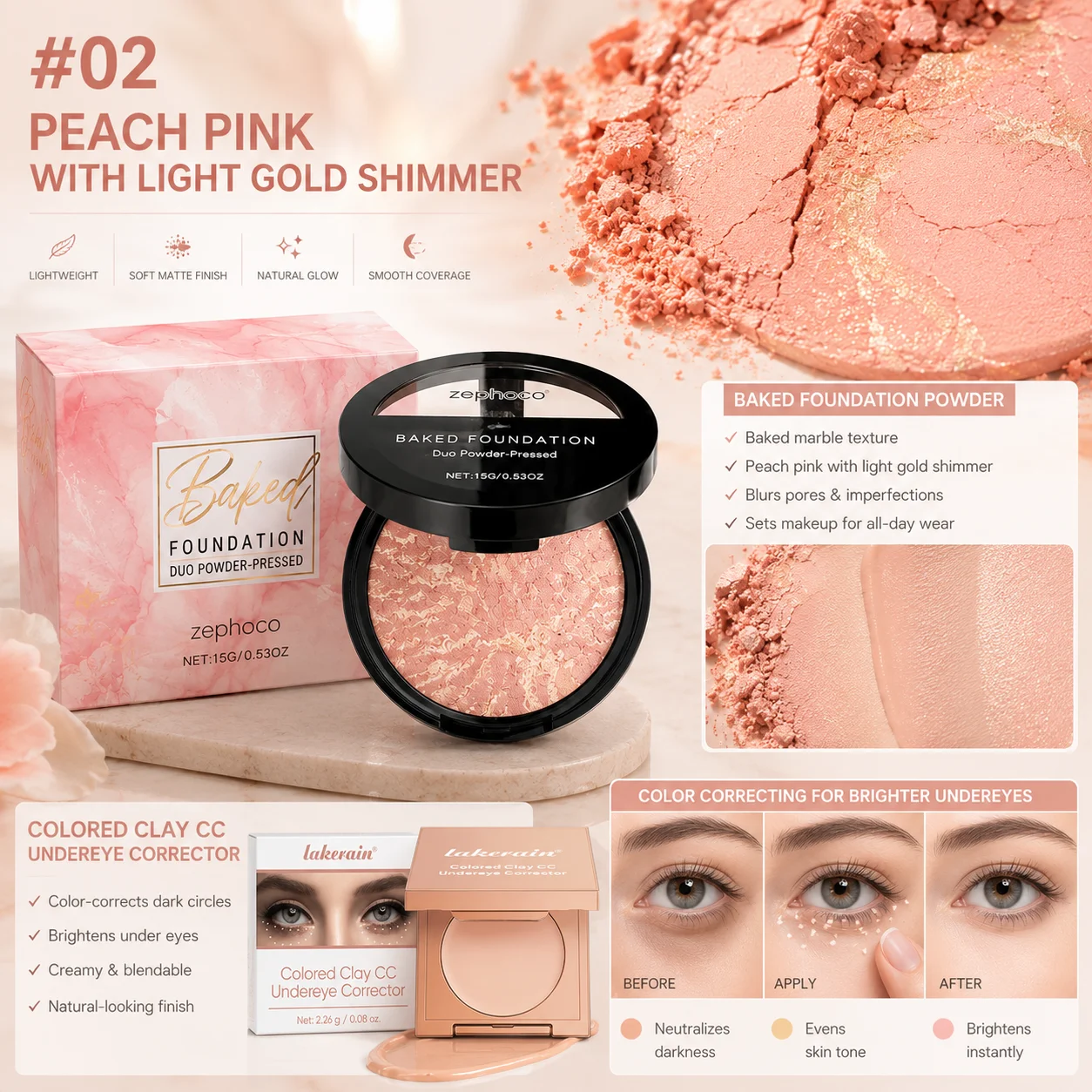 Peach Glow Pressed Powder Compact #02 and Under-Eye Color Correcting Concealer Fluid Set Sebum Control Makeup Face Palette Shadi