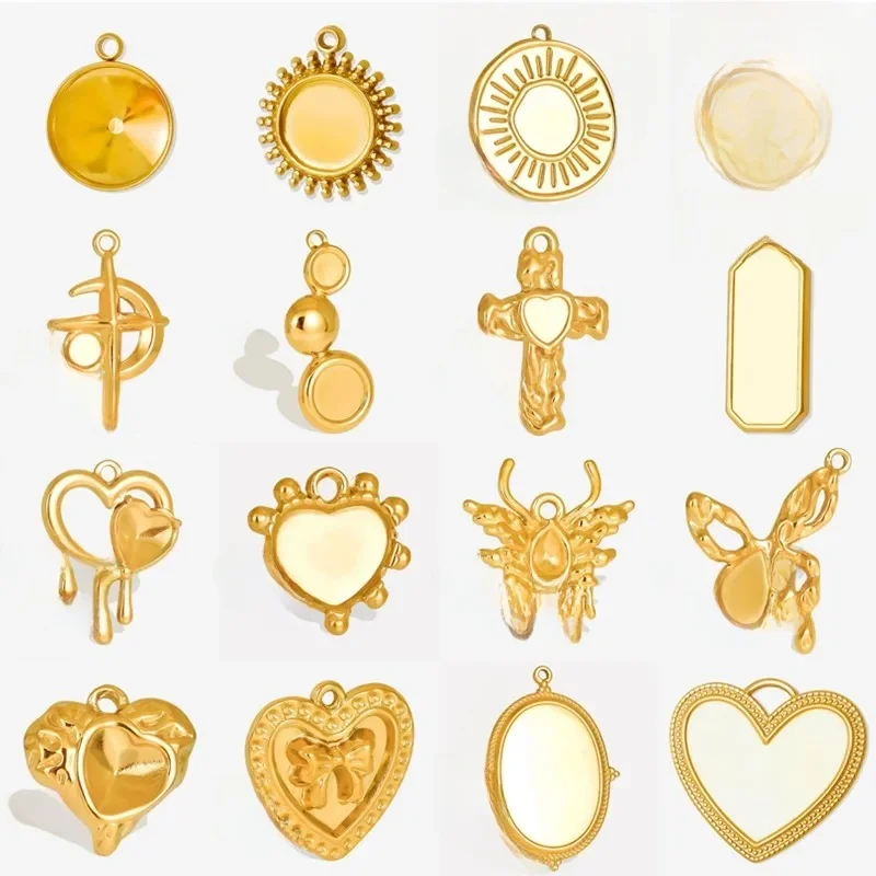 Breloques Cobochons en acier inoxydable plaqué or véritable, 5 pièces, pour la fabrication de bijoux, libellule animale, métal, papillon, araignée, cœur, paramètres