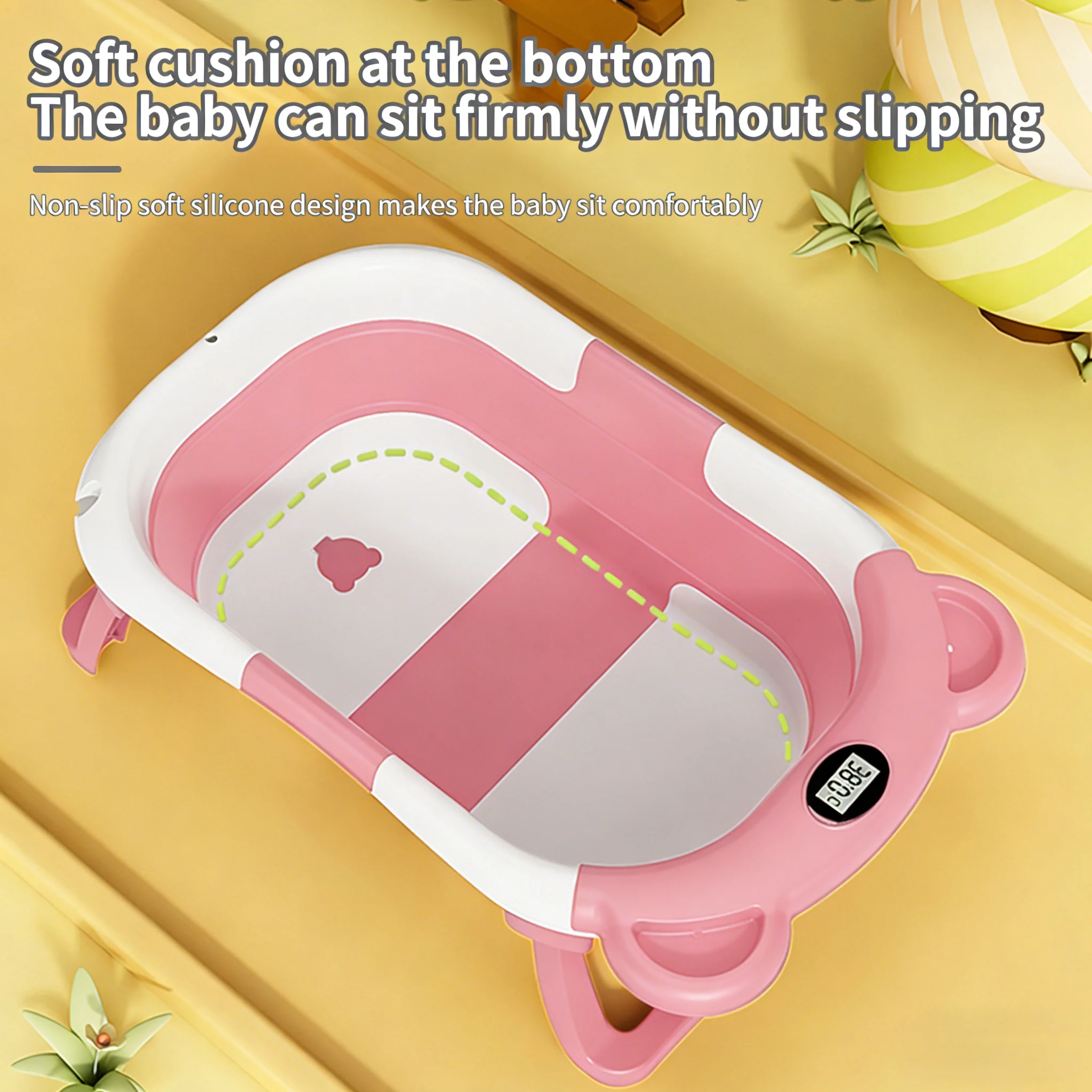 Baignoire pliable avec thermomètre intégré, support antidérapant, matériaux durables, tapis de bain confortable, design peu encombrant