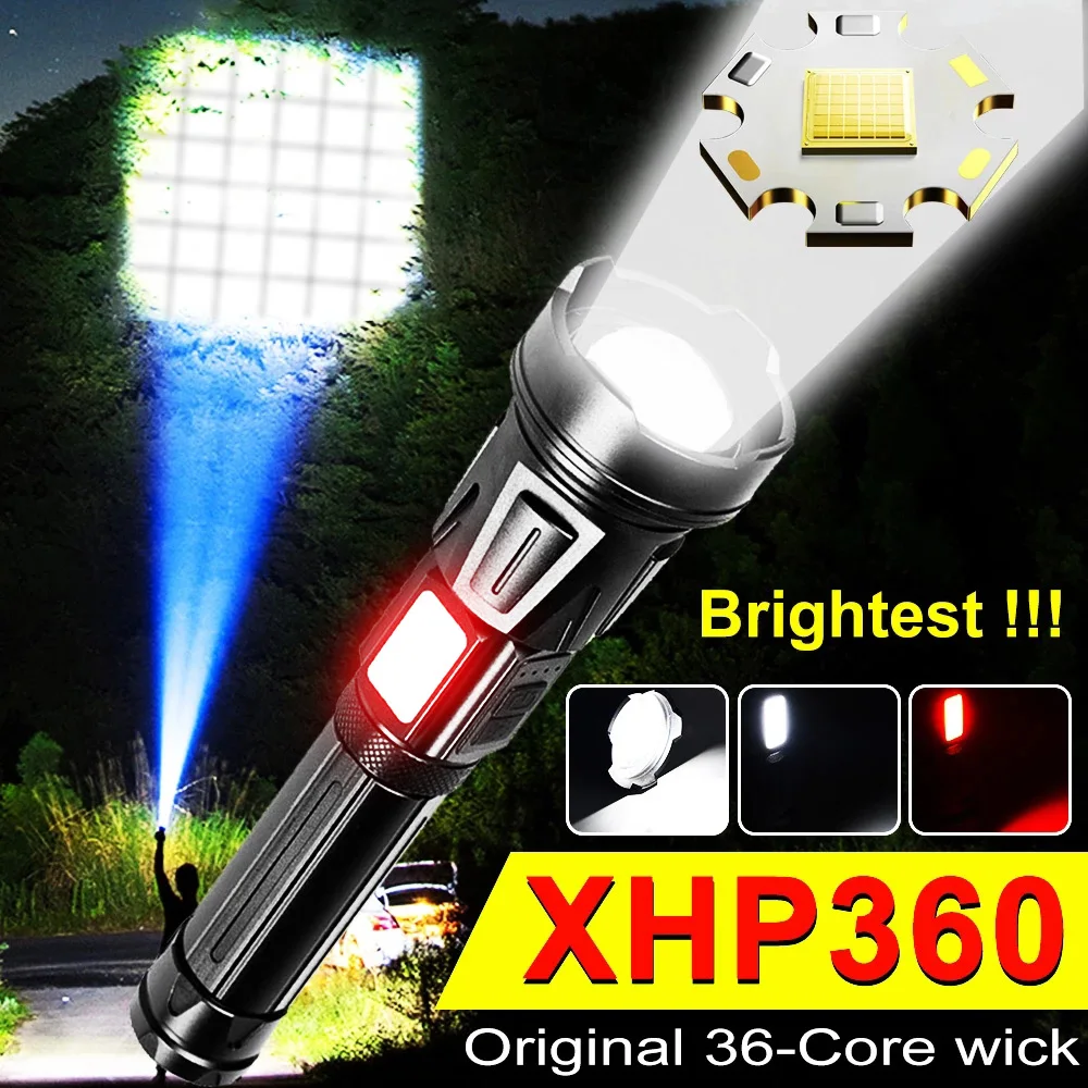 XHP360 36-Core High-Powered LED Flashlight USB Rechargeable 5000000 Lumens Tactical Flashlights 7 Modes and Zoomable for Camping