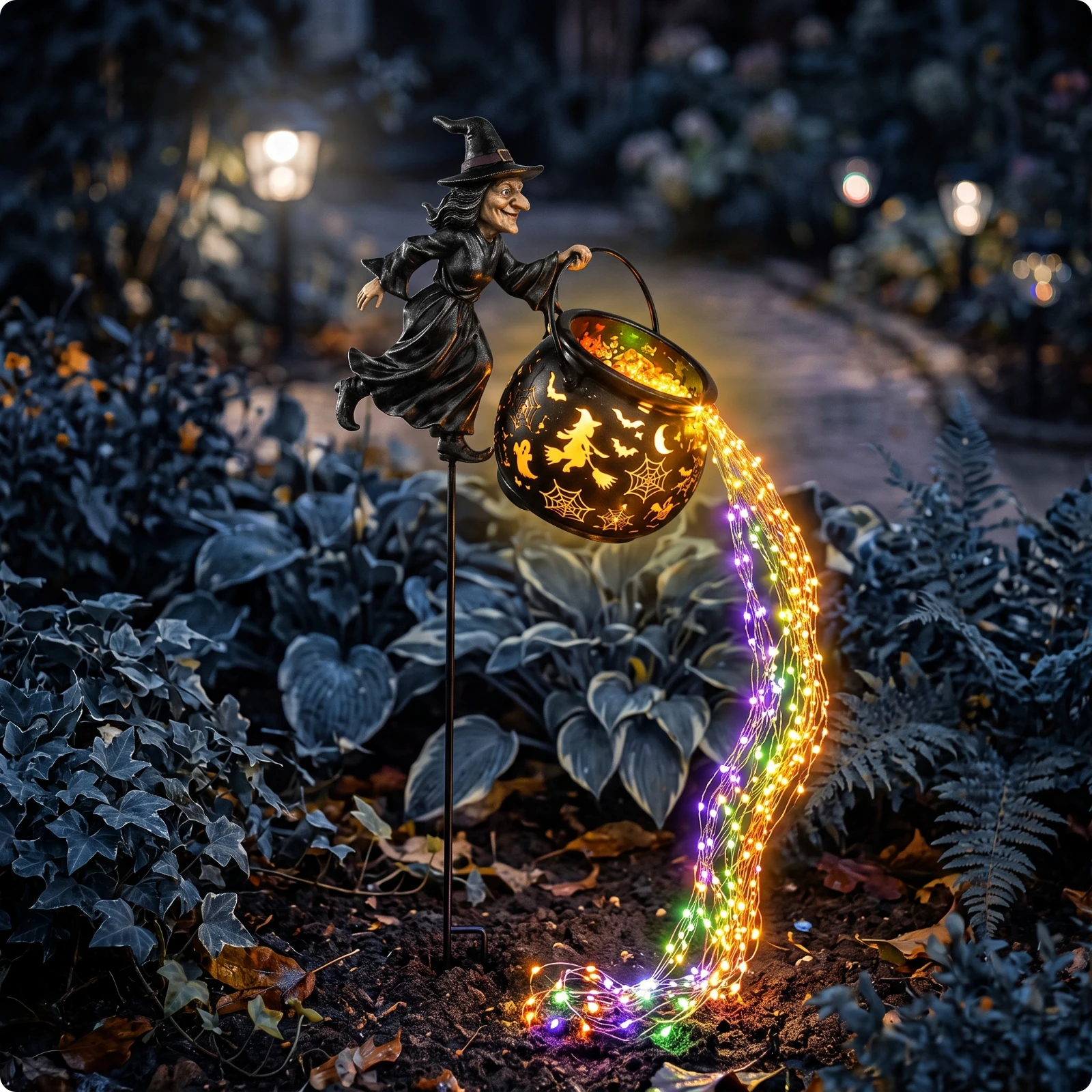 Halloween Witch Cauldron Garden Light LED Glowing Witch Pot Lamp for Outdoor Yard Lawn Ornament Halloween Party Decoration