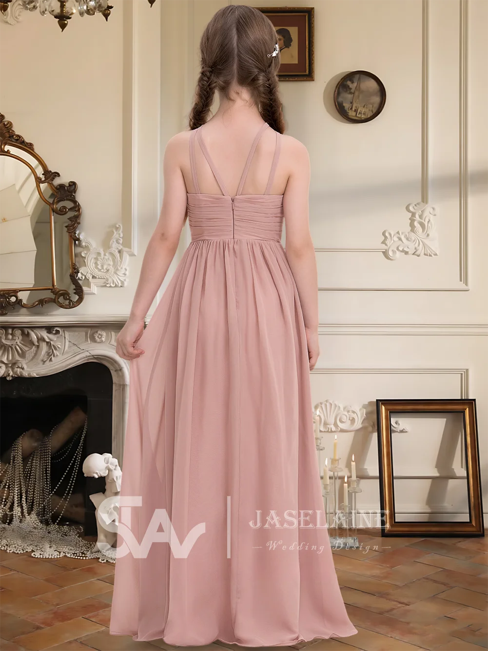 ซี คิดส์ เอเลแกนท์ เอ-ไลน์ ฮอลเตอร์ชีฟองยาวถึงพื้นชุดเพื่อนเจ้าสาวจูเนียร์ชุดสาวดอกไม้ชุดเดรสงานแต่งงานพิเศษอย่างเป็นทางการ