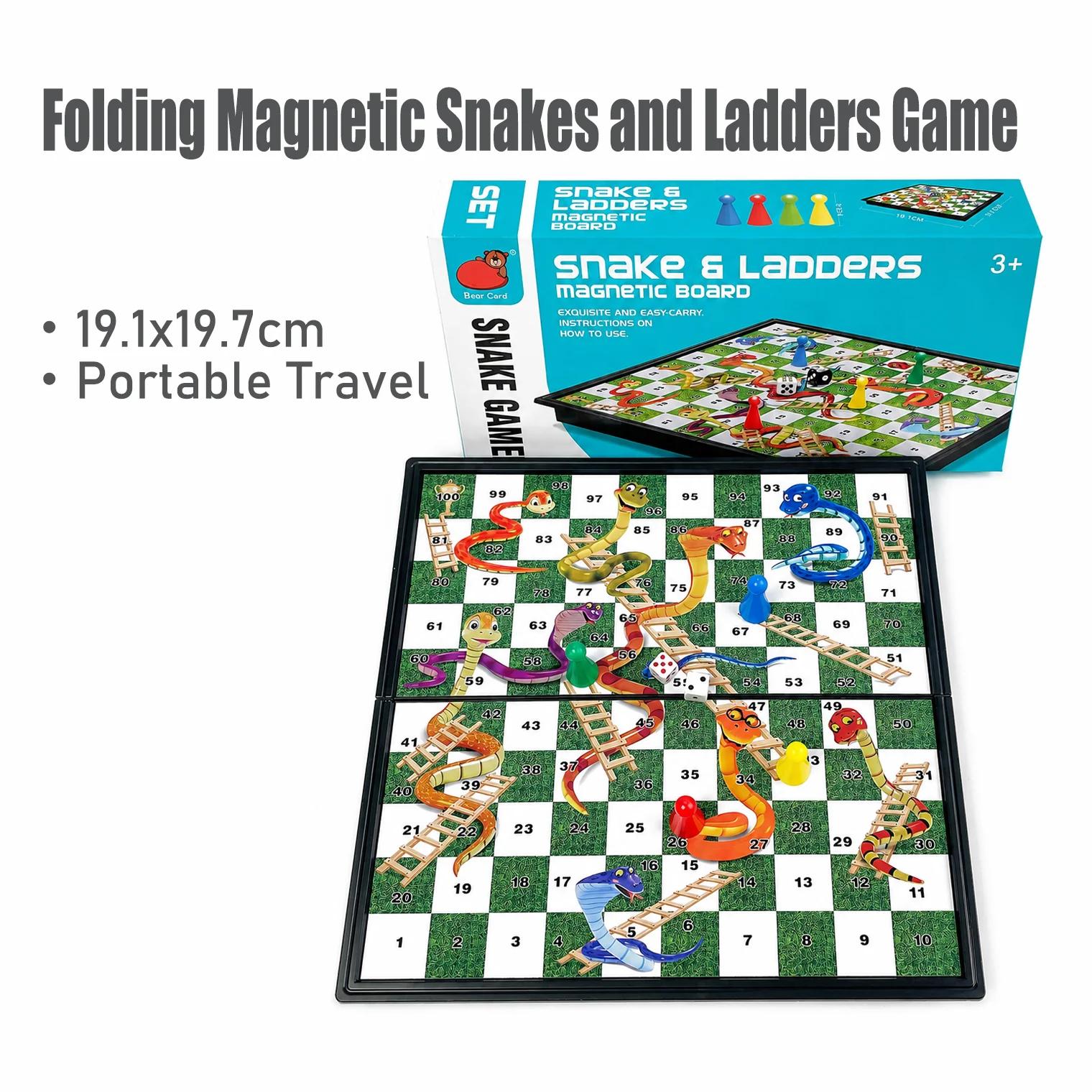 19.1x19.7cm Folding Magnetic Snake Ladder Board Game Portable Travel Educational Puzzle Toy Gift for Kids Boys Girls
