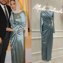 15596# Islamic Clothing Long Sleeves Pleat Satin Mother of Bride Dress Muslim Wedding Evening Prom Party Gown Customized