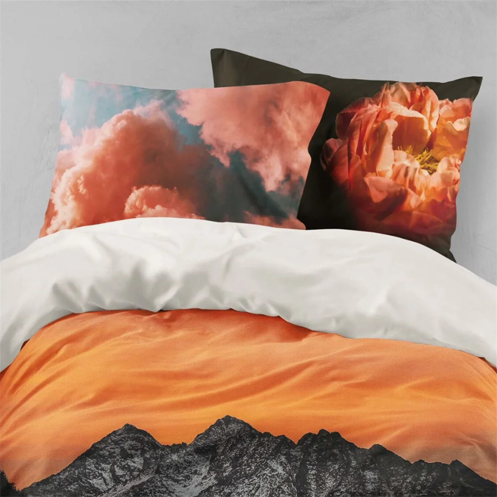 3D Mountain Duvet Covers Set, Flower Quilt Cover, Cloud Bedding Set, Sunset Doona Cover, Orange Queen Bedding, Landscape King