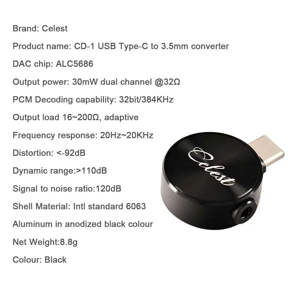 Celest CD-1 USB Type-C to 3.5mm Adapter Decoding DAC Amp 384kHz/32bit Earphone Chip Converter For HiFi Music Headphone Cable