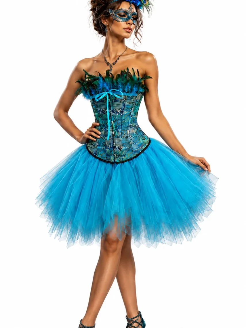 Cloudy.lee Gothic Style Blue Embroidered CORSET+TUTU Two-Piece Set Halloween Peacock Theme Costume Kit