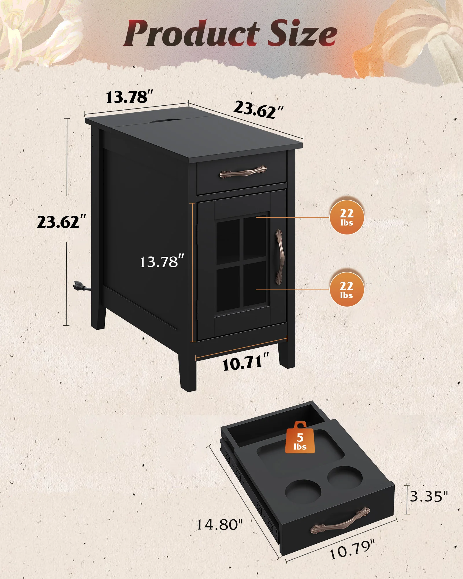 End Table with Charging Station, Narrow Side Table for Living Room, Farmhouse Night Stand with Storage, Small Wooden Cabinet Nightstand with USB Ports and Outlets, 23.62' D X 13.78' W X 23.62' H