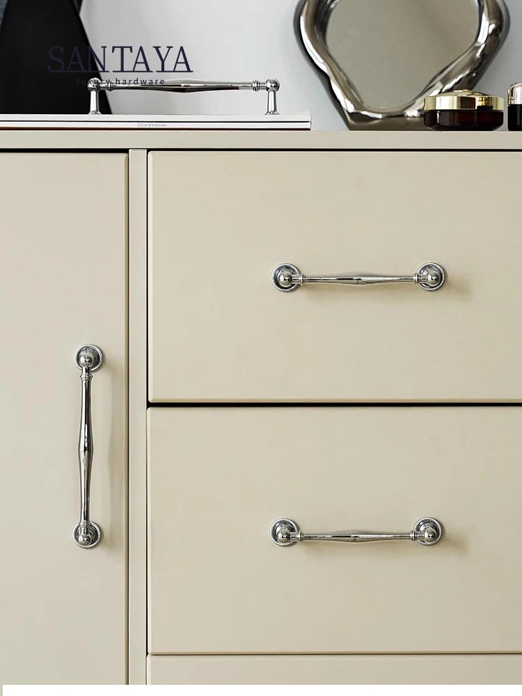 Solid Brass Furniture Handles Luxury Wardrobe Door Cabinet Handle Drawer Knob Chrome Bright Silver Cabinet Pull