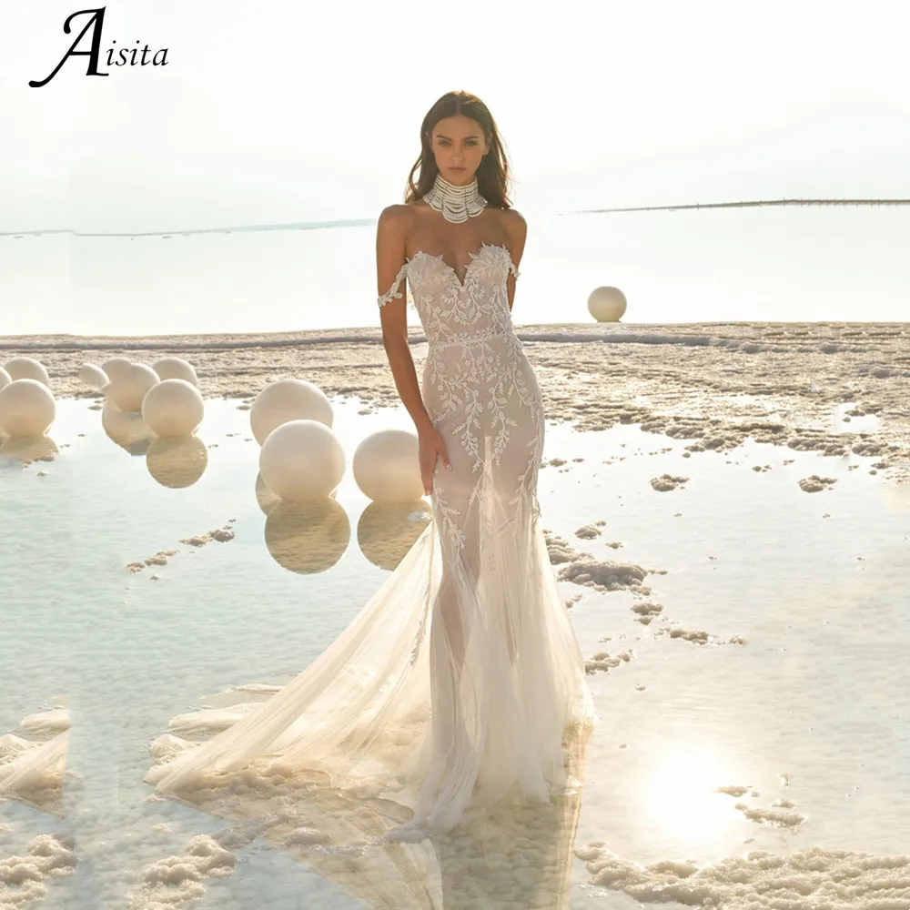 Robe De Mariée sirène en dentelle, tenue De plage, magnifique, broderie, Tulle délicat, balayage, traîne