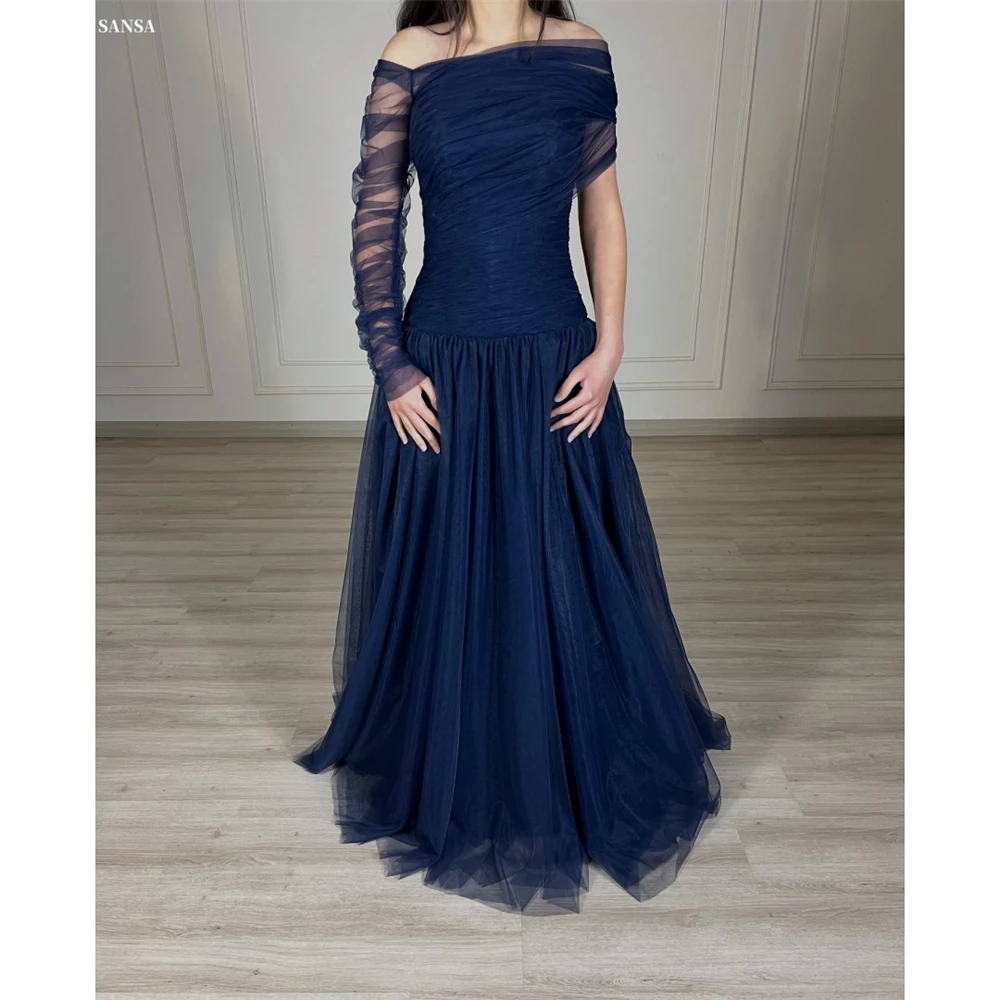 

Sansa индивидуальное темно-синее платье трапециевидной формы с иллюзией из тюля для выпускного вечера с каскадными рюшами Vestidos De Noche длиной до пола, торжественное вечернее платье 2025
