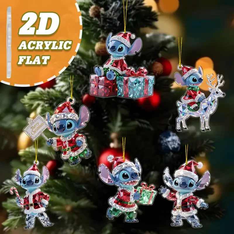 6PCS Christmas tree top ornaments, 2D flat 6-piece set of Lilo & Stitch Christmas-themed acrylic ornaments, suitable for 2D