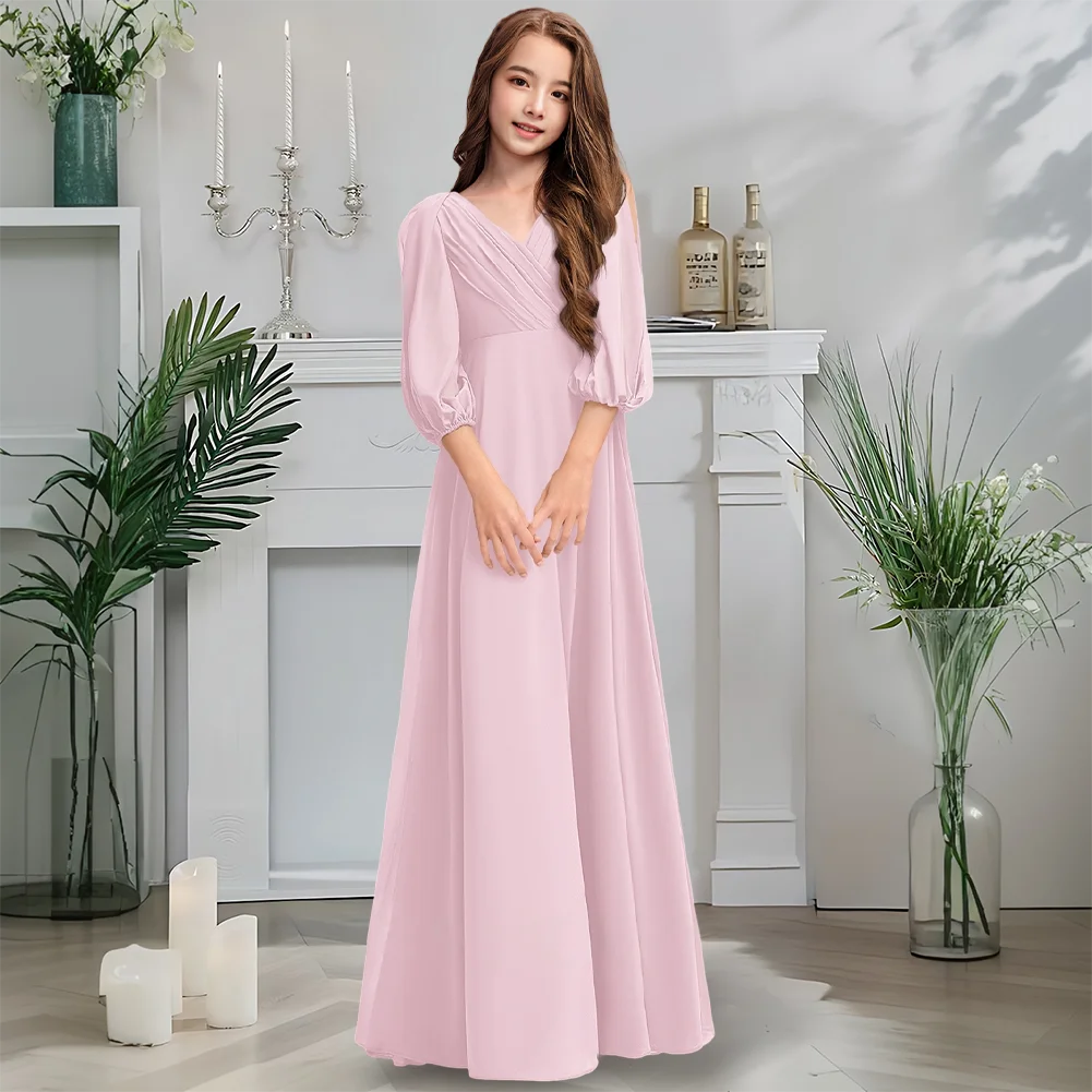 C Kids V-Neckline Junior Bridesmaid Dress Forest Flower Girl Dress Floor-Length Chiffon Communion Attire With Cascading Pleats
