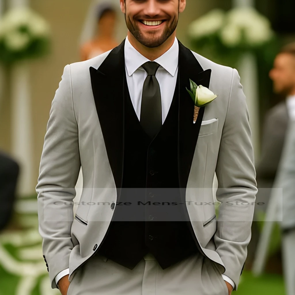 

New Velvet Grey And Black Men Suit Formal Business Groom Groomsman Wedding Party Prom Male Tuxedos 3 Piece Set Blazer Vest Pants