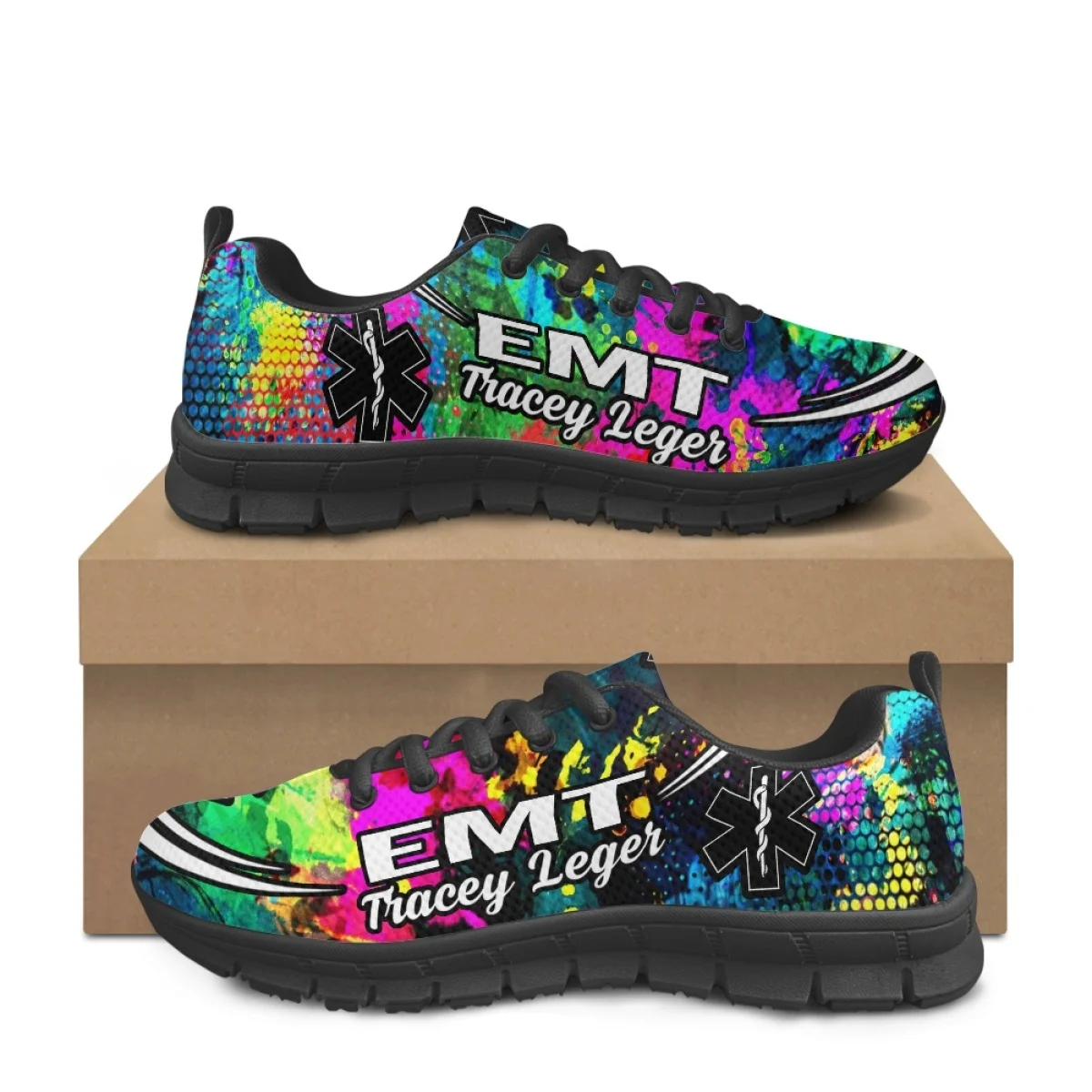 INSTANTARTS Paramedic EMT EMS Tie Dye Pattern Casual Snekaers for Women Wear-Resistant Flat Shoes Ladies Non-Slip Sport Zapatos