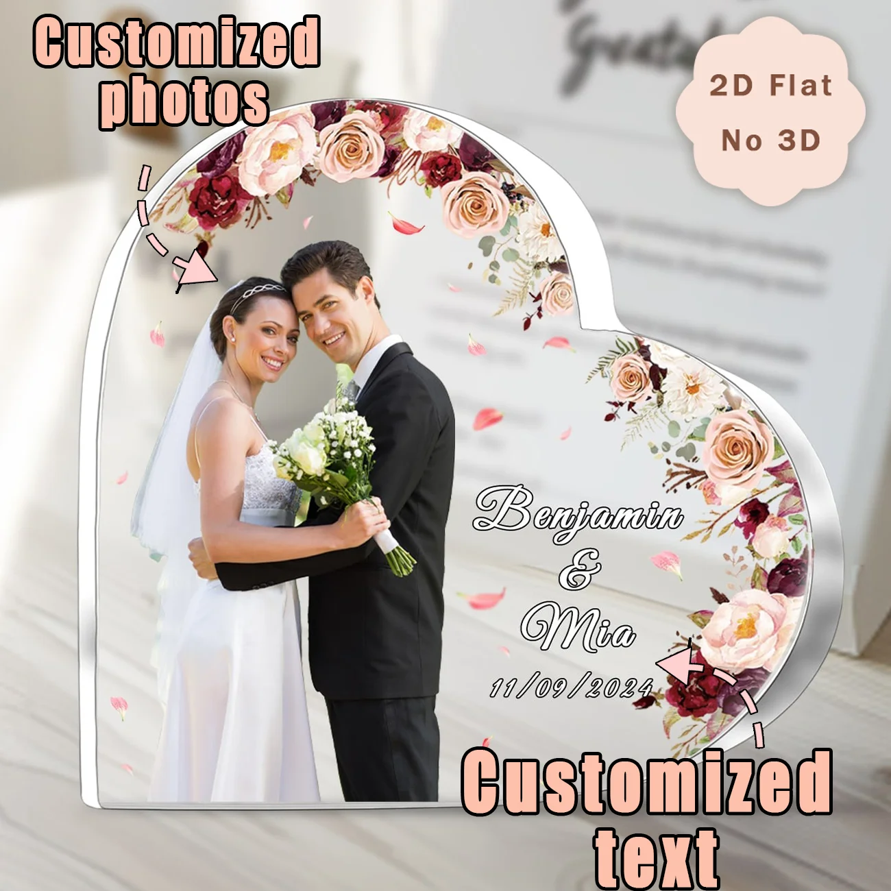 Custom Heart Acrylic Photo Plaque, Personalized Wedding Photo Gift with Name Date for Couple Anniversary