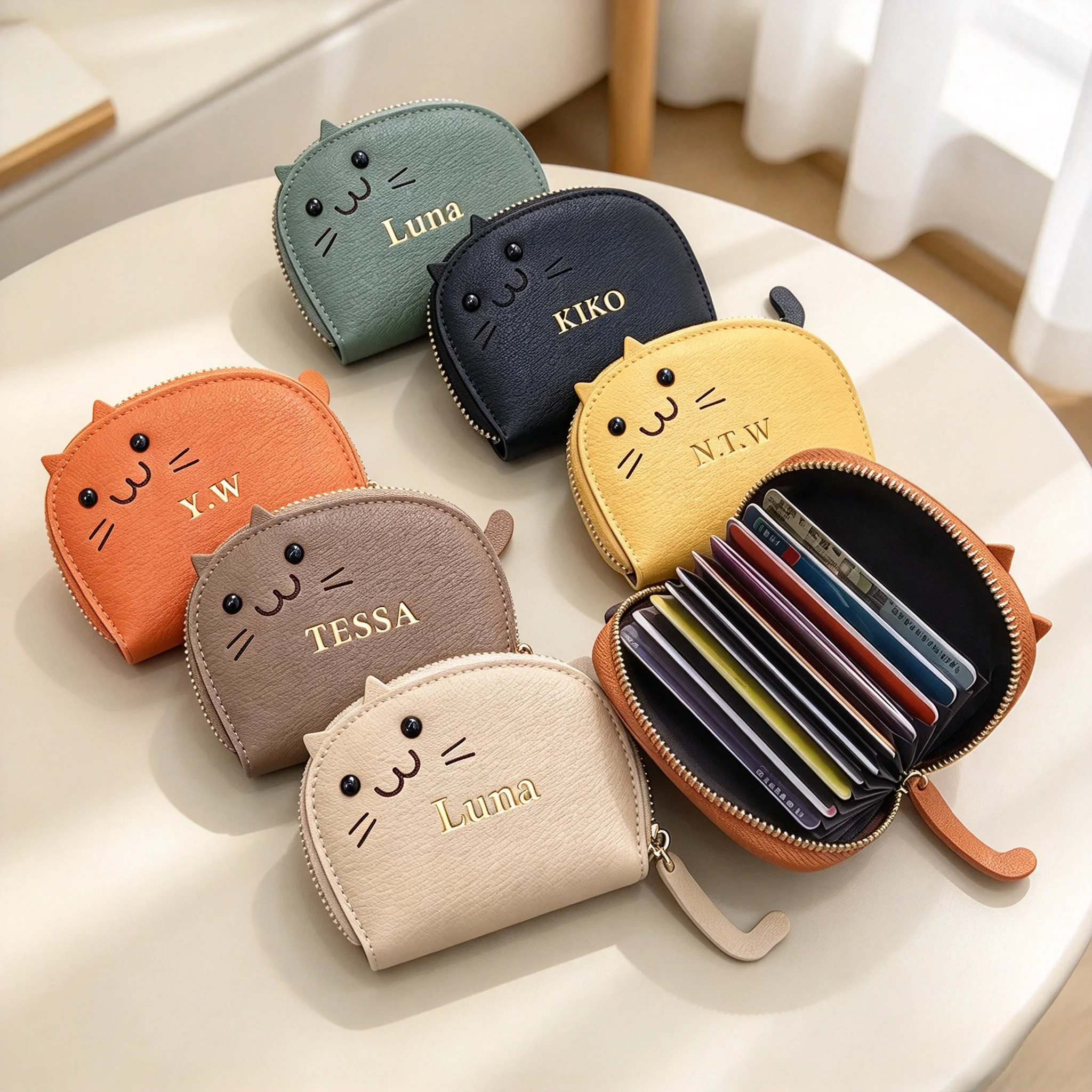 Cute Cat Fashion Genuine Leather Card Holder Custom Name Cowhide Zip Coin Purse Customized Gift Girls Short Wallet
