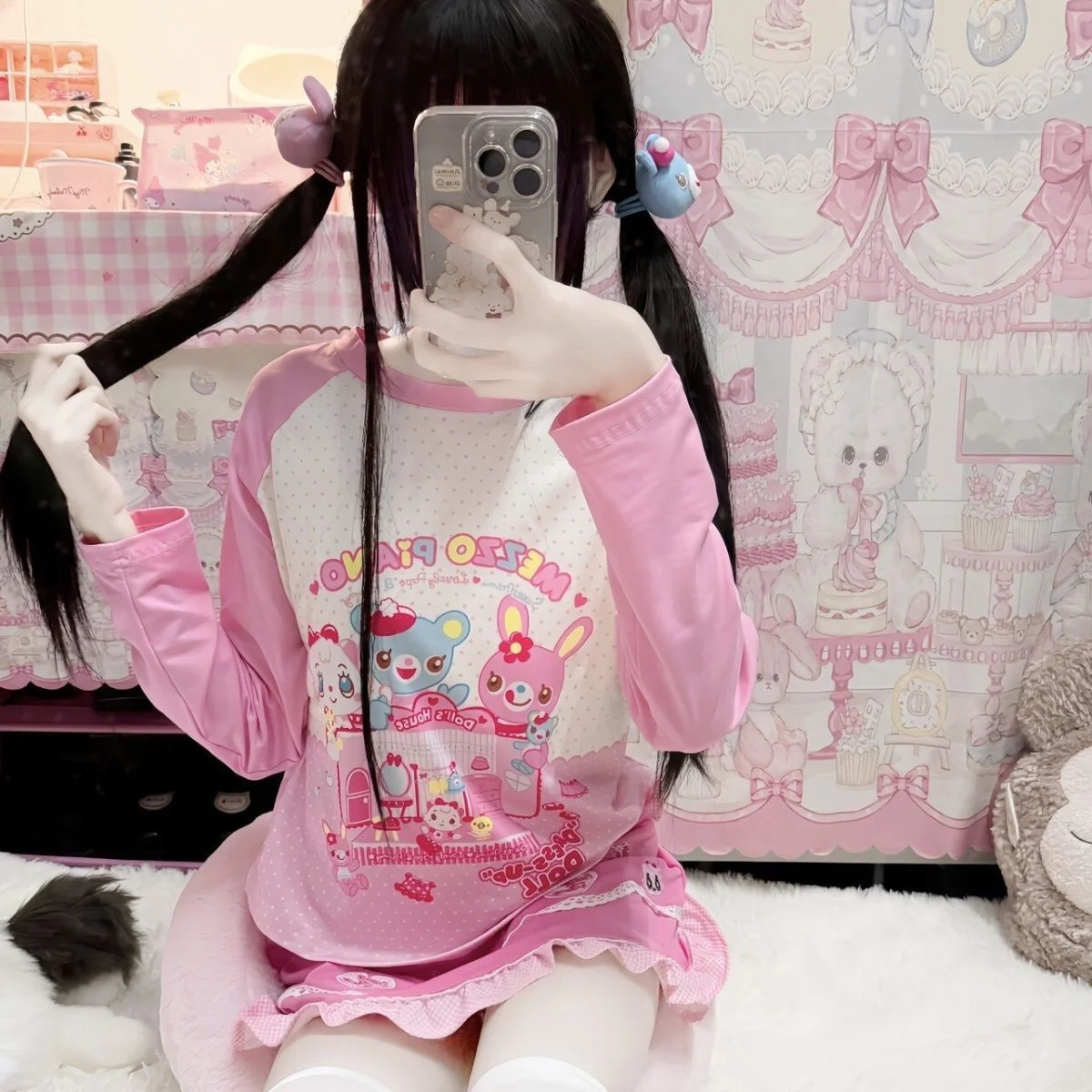 Japanisches Kawaii süßes Langarm-T-Shirt mit Vintage-Cartoon-Print, O-Ausschnitt, lässiges Oberteil, Streetwear, All-Match-Y2k-Ästhetik-T-Shirts – Detail 8