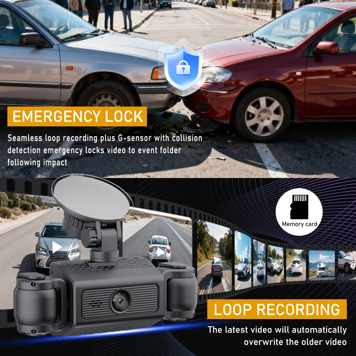 360 °   مسجل قيادة بانورامي، كاميرا داش عالية الدقة 1080 بكسل ذات 4 قنوات مع وظيفة Wi-Fi، رؤية ليلية فائقة، WDR، G-Sensor، loo