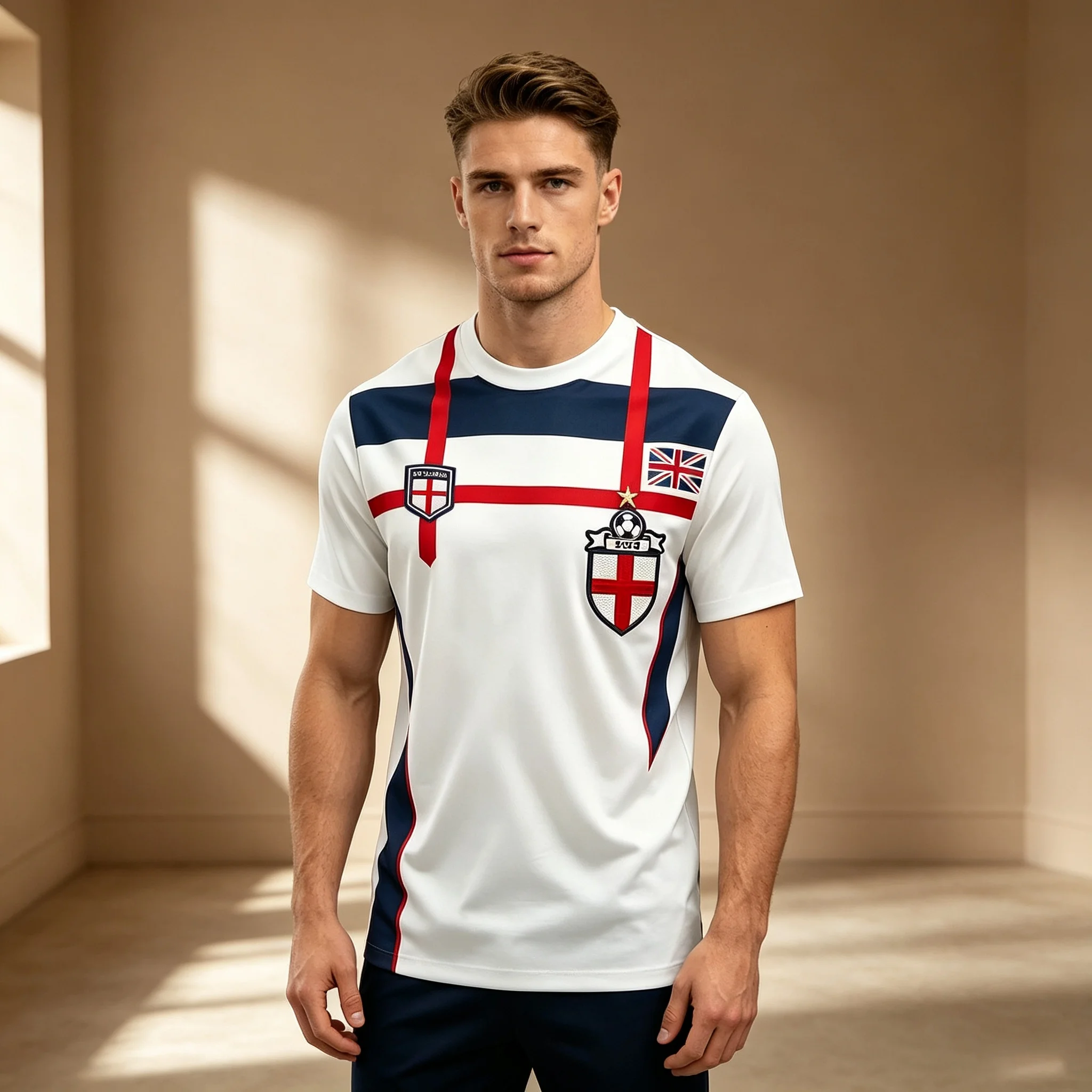 Herren Schnelltrocknende England Nationalmannschaft Fußball-Trikot mit Kreuzwappen und Union Jack Aufdruck, Kurzarm Fußball-Trainingstrikot