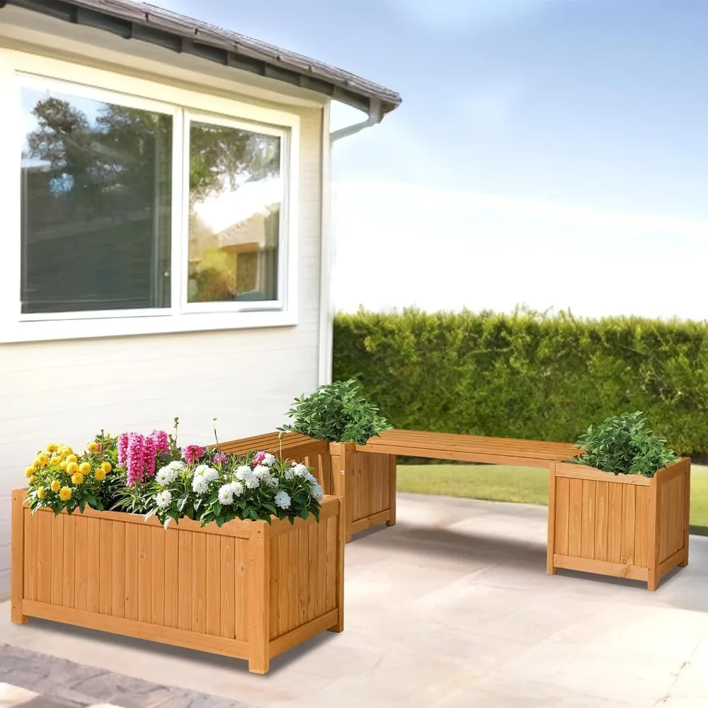 Outdoor Wood Bench with Planter Boxes, 2-in-1 All-Weather Porch Bench Seat ＆ Open-Ended Wooden Raised Garden Bed