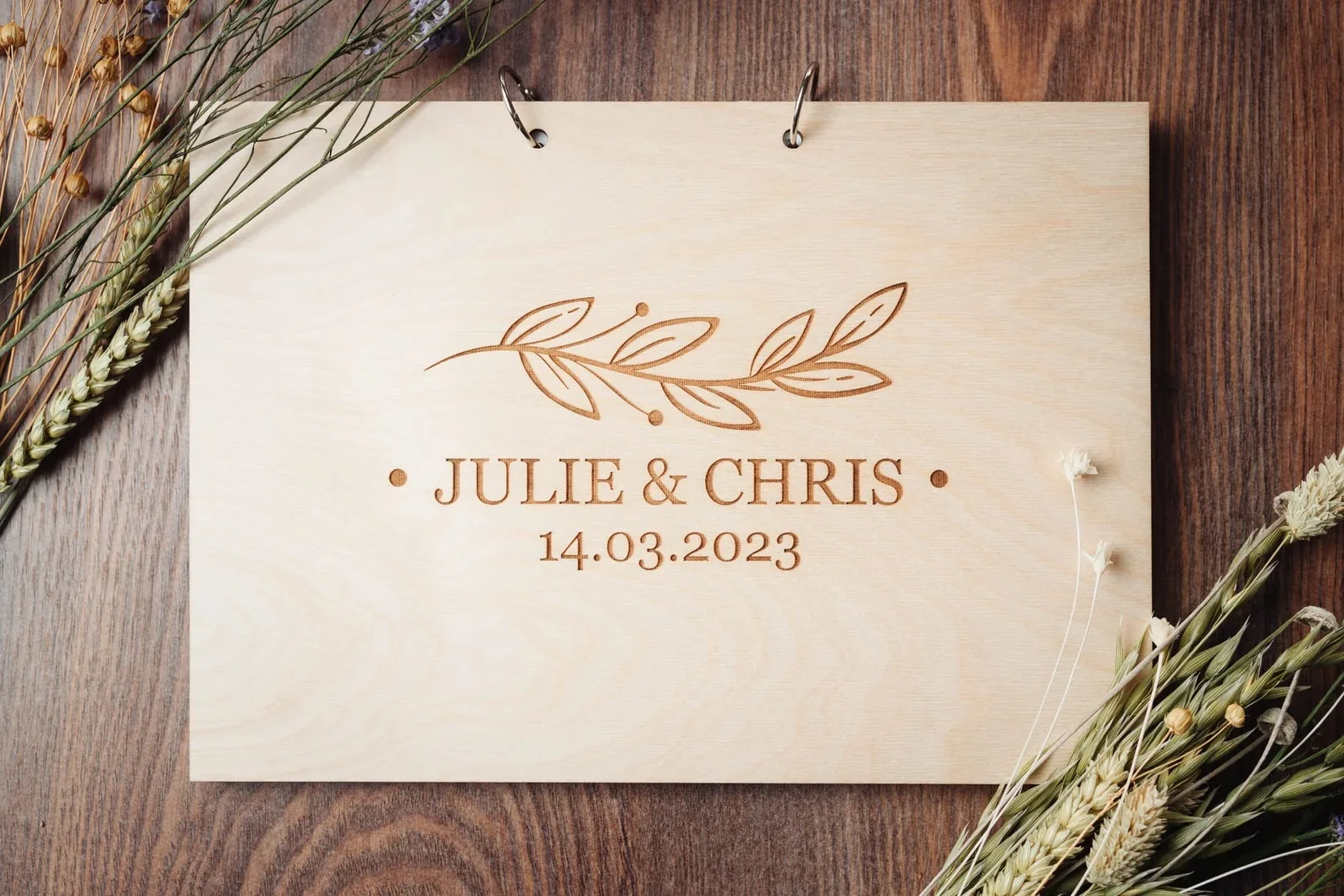 

Personalised Floral Wedding Guest Book, boho wedding book, wedding Engraved Wooden Guest Book, Modern Guestbook