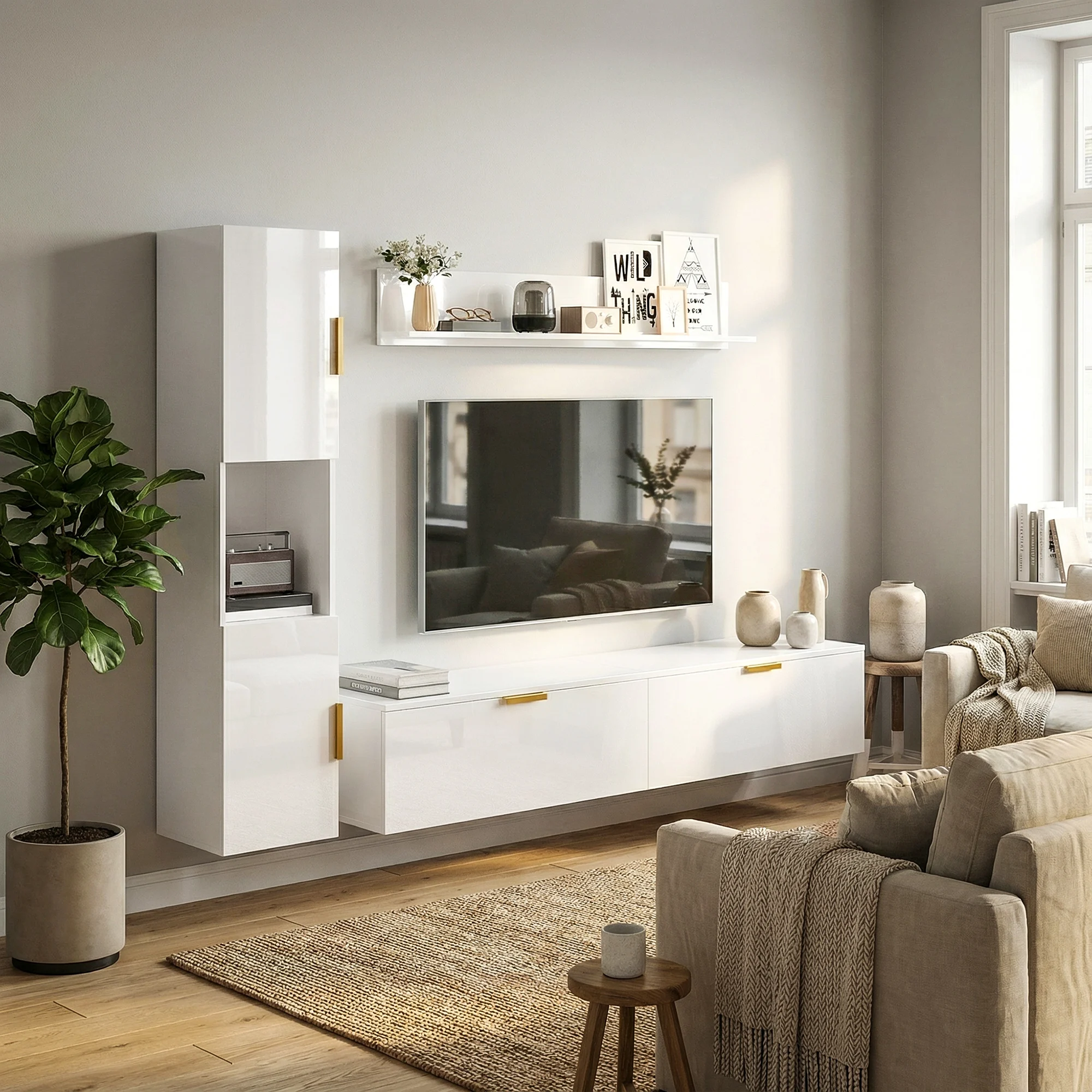 Weißes Hochglanz-TV-Wandmöbel-Set, modernes schwebendes TV-Schrank-Set mit hohem Seitenschrank und Wandregal, Medienkonsole mit goldenen Griffen für 39-55 Zoll Fernseher, Wohnzimmer- und